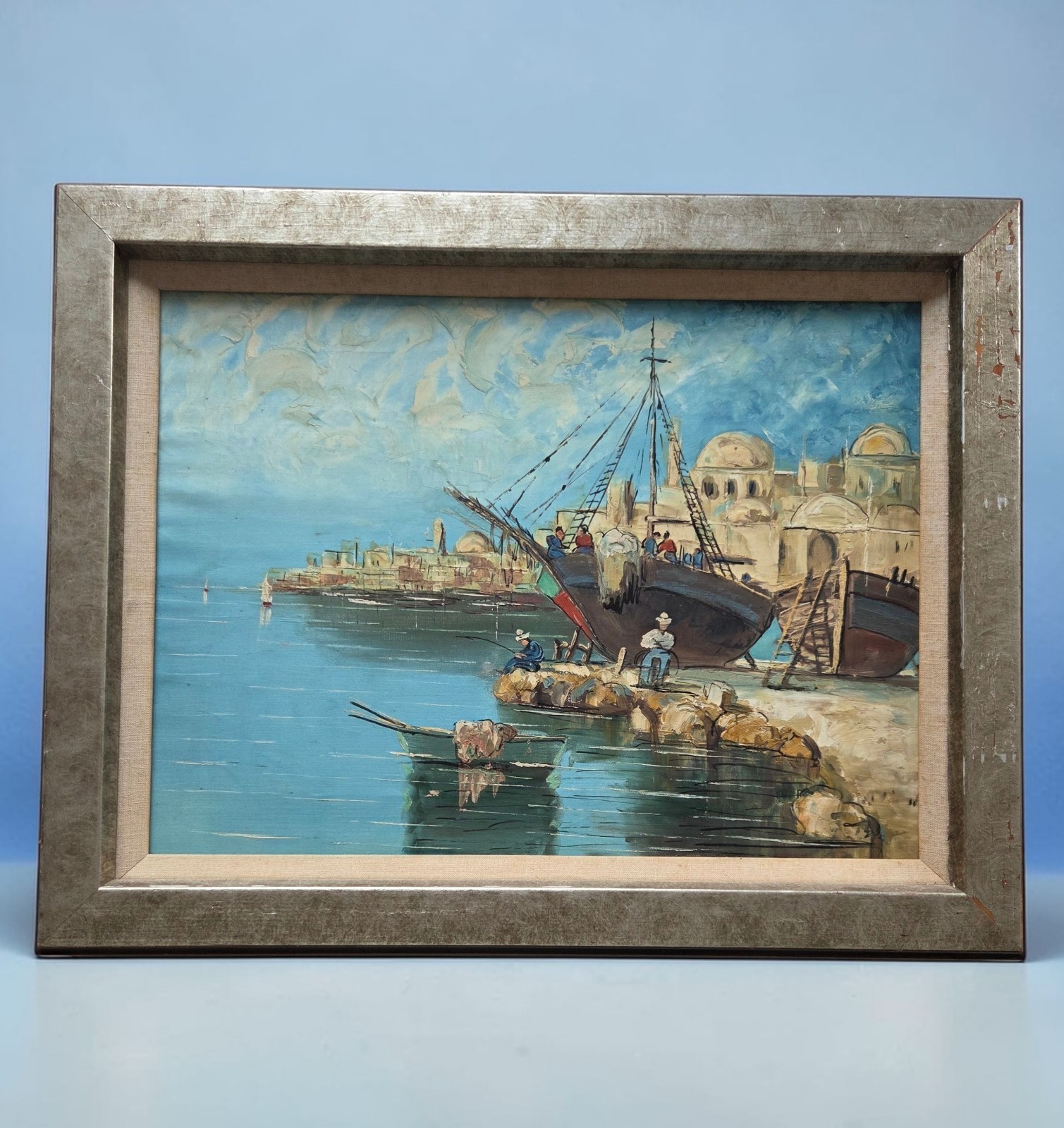 Oil Painting Vintage Original C. 1939 Impressionist Italy Bay Scene Frame16×20in