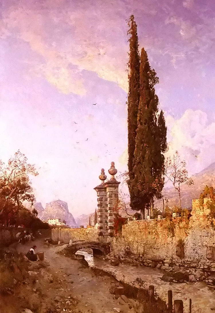 Oil painting robert russ – landscape in northern italy free shipping for all