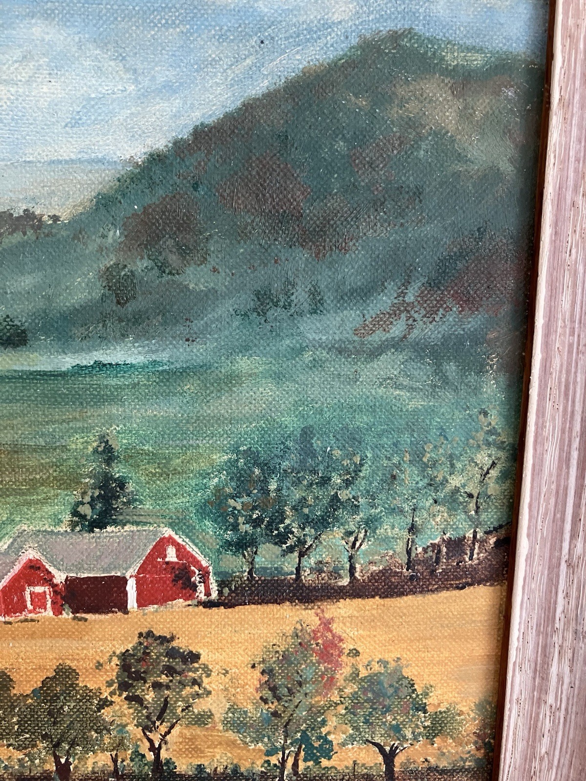 Vintage 50s Framed Primitive Folk Art Farm Barn Landscape Oil Painting 10×13
