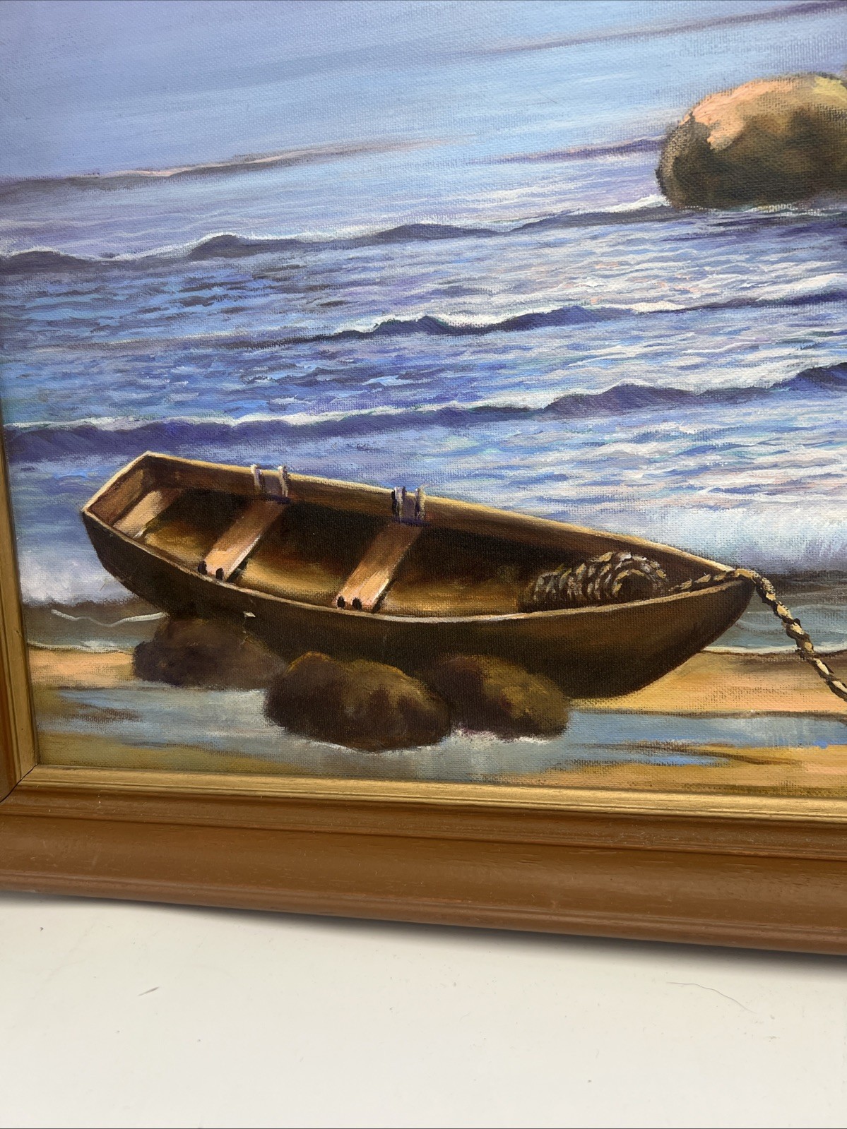 27”x21” Framed Painting Boat Sailing Lighthouse Seashore Rocky Signed Pine