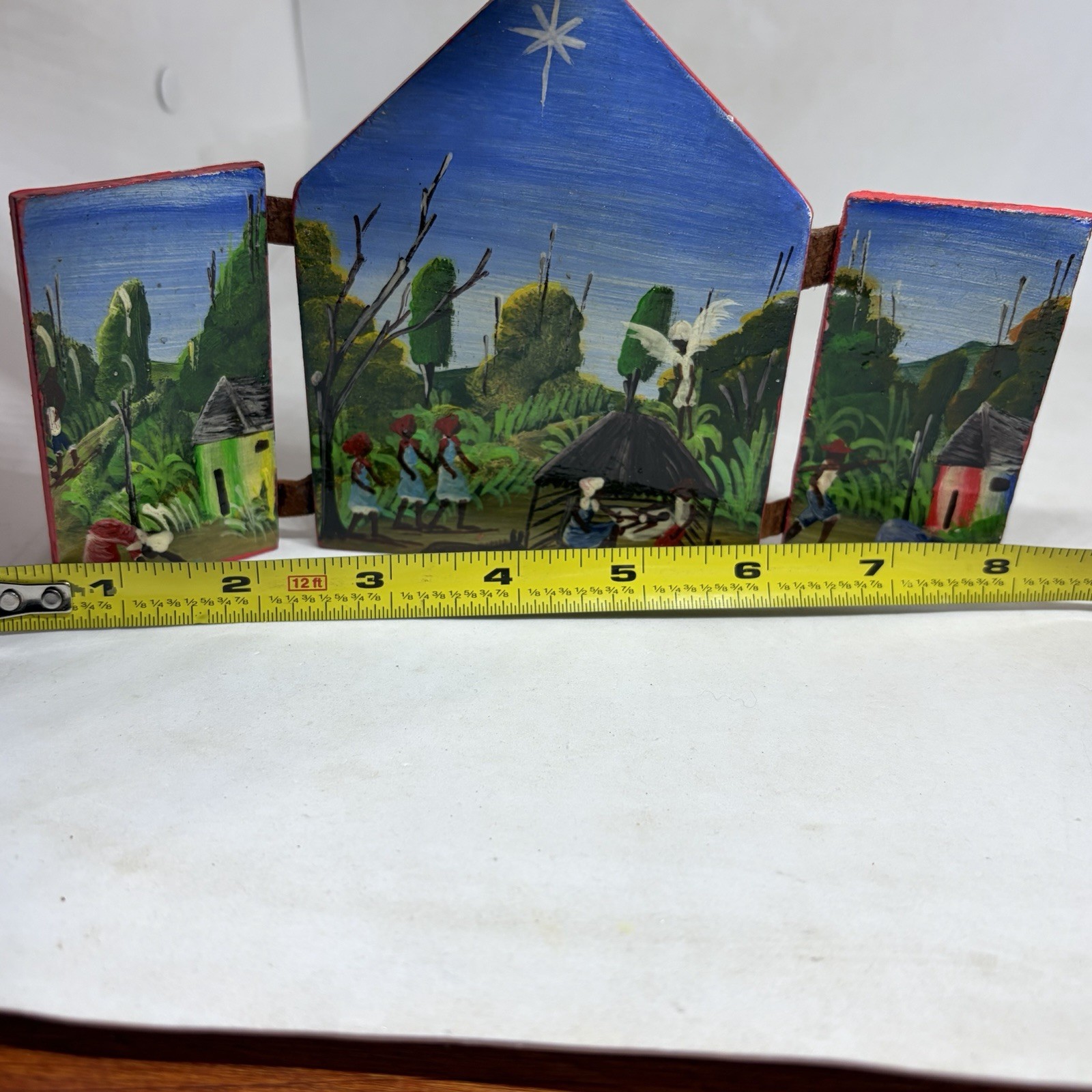 Vintage Haitian Folk Art Folding Wood Triptych Nativity Painting Signed R. NOLY