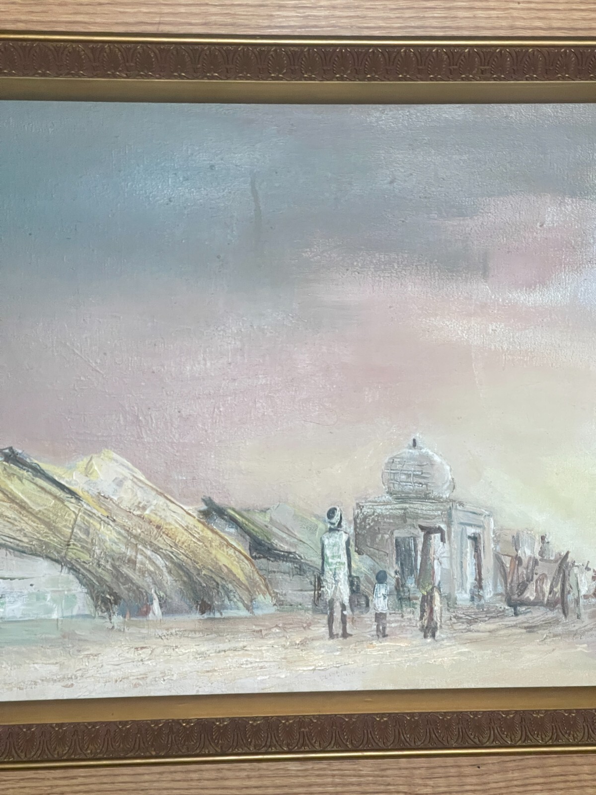 Vintage Albert Singh India Desert Landscape Village People Original Oil Painting