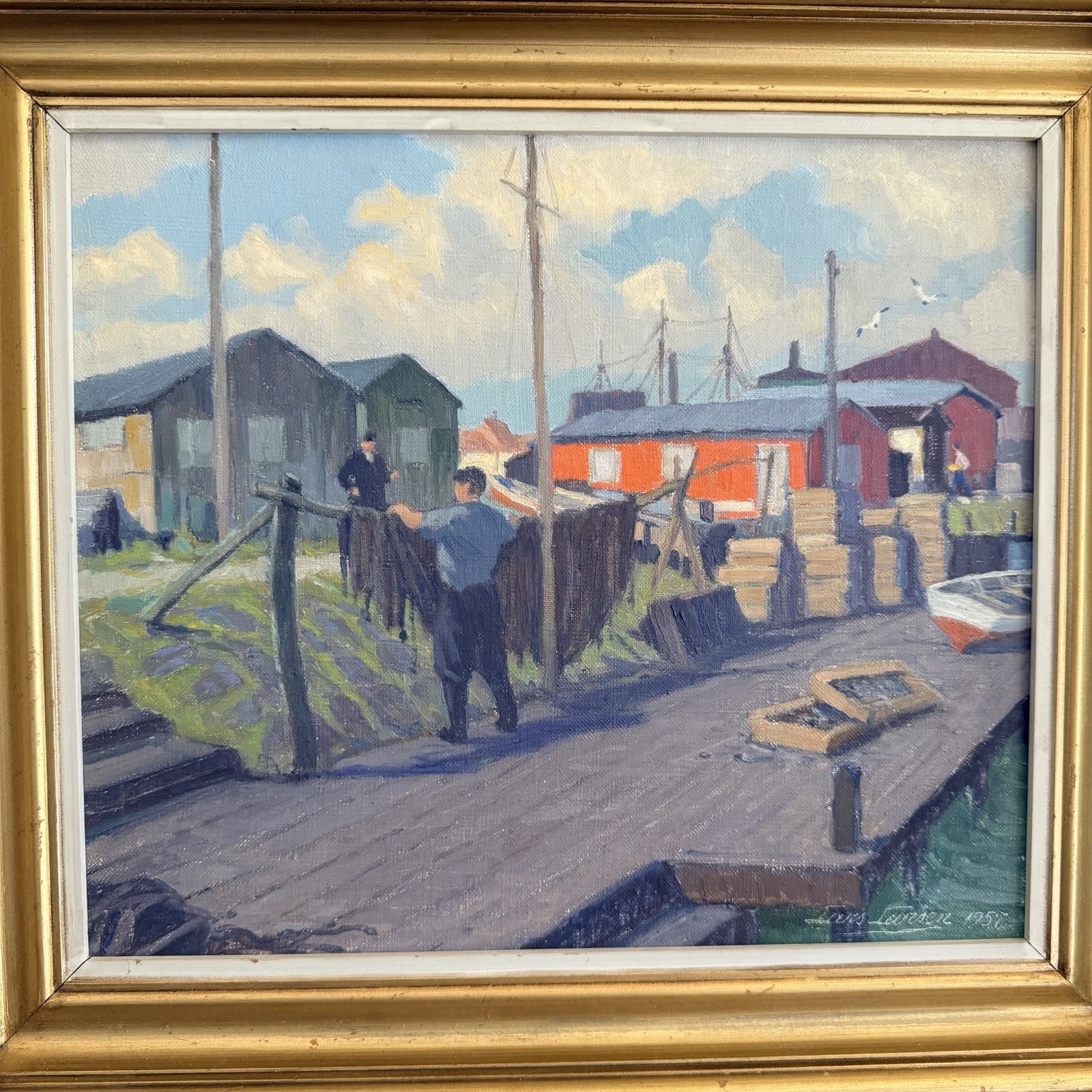 Danish Impressionist Oil Canvas Painting Dock Harbor Scene Boats Signed 1957 MCM