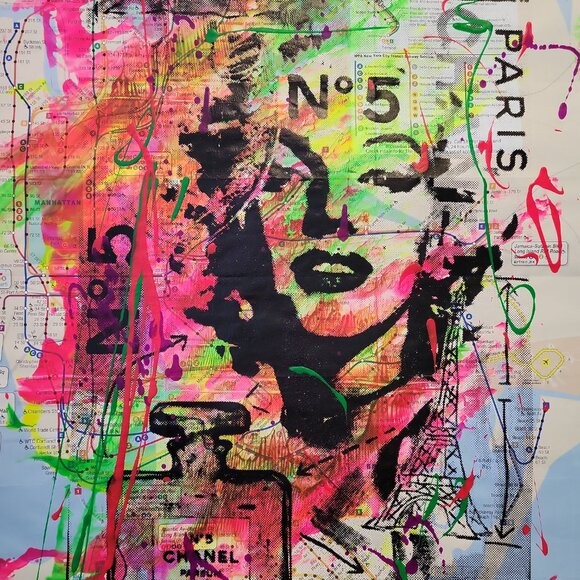 Rare Marilyn Monroe Chanel No 5 NYC Subway Map Acrylic Pop Art Painting 23×32