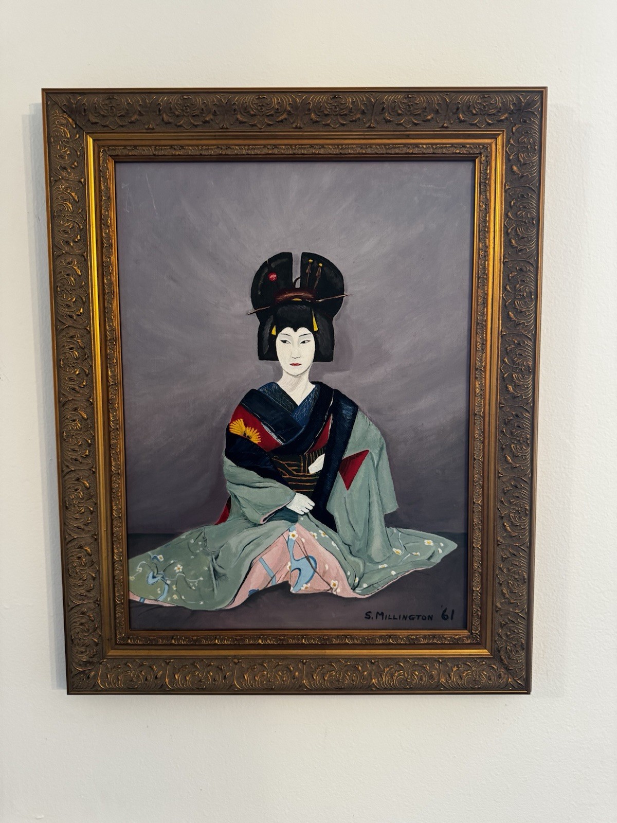 Vtg 1961 Oil Painting Geisha Girl Portrait Signed Ornate Gold Frame Mid Century