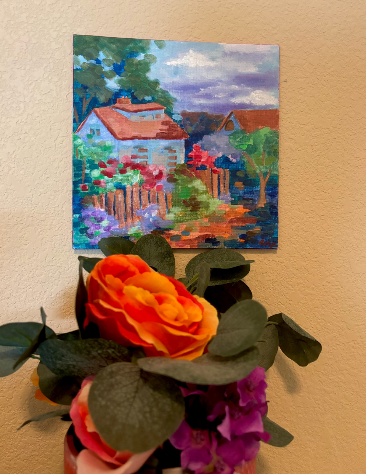 Cottage Core House Painting With Colorful Floral Art and Details Small Canvas