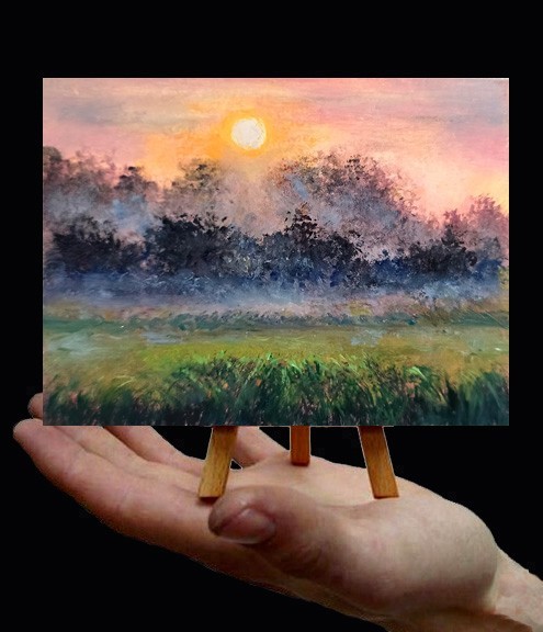 Original Sunset ACEO Misty Field Oil Painting Miniature Collectable Signed