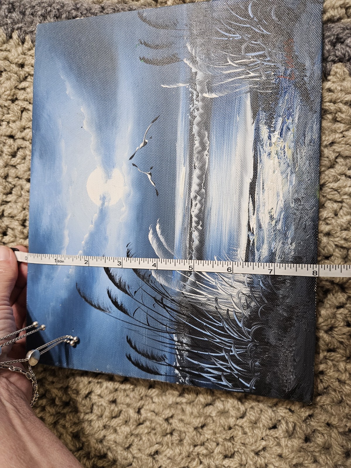 Signed Hand Painted Canvas Beautiful Beach Water Bird Tree 8×10 Painting Art