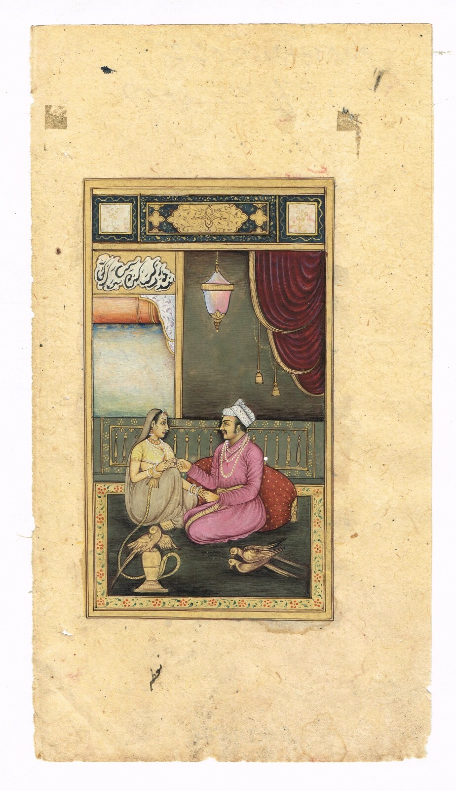 Indian Miniature Painting Of Emperor and Empress in Love Scene Art 4×7.5 Inches