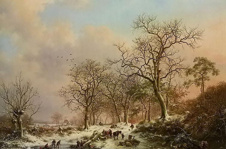 Oil painting kruseman – wood gatherers in winter landscape with a castle beyond