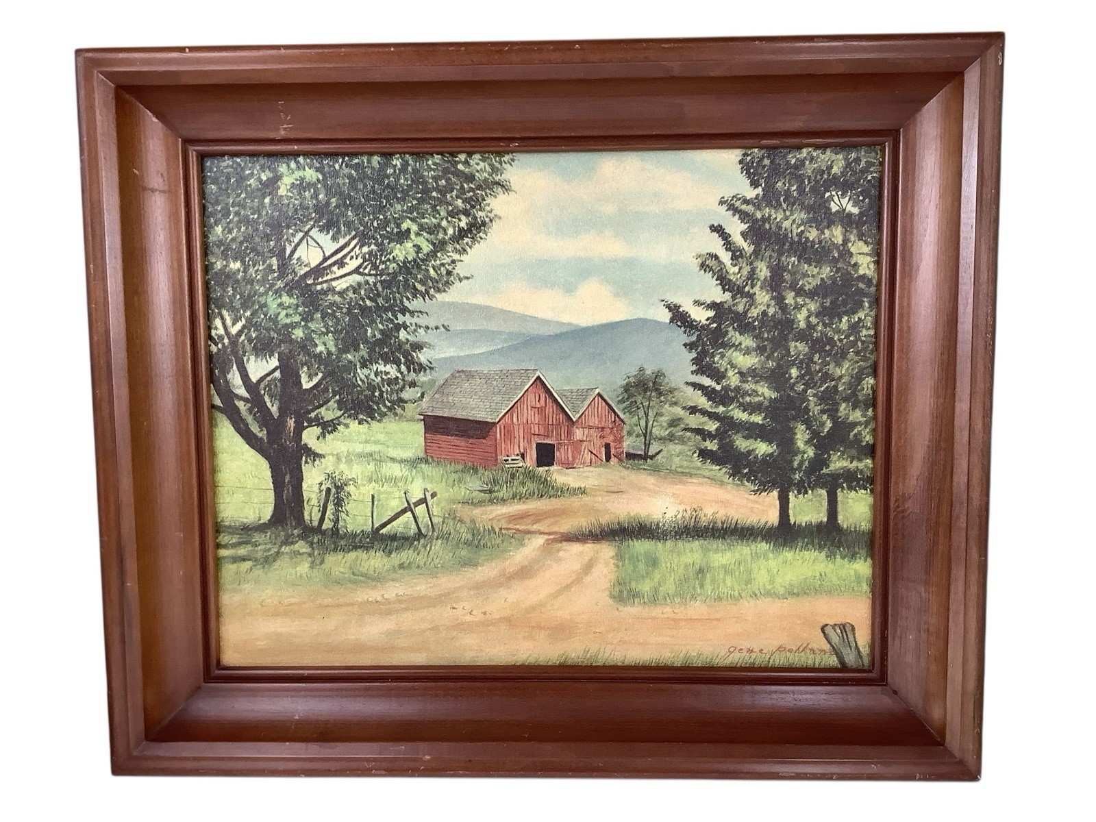 VTG Red Barn & Mountains Art Print Rustic Wood Framed Country Cottage Farmhouse