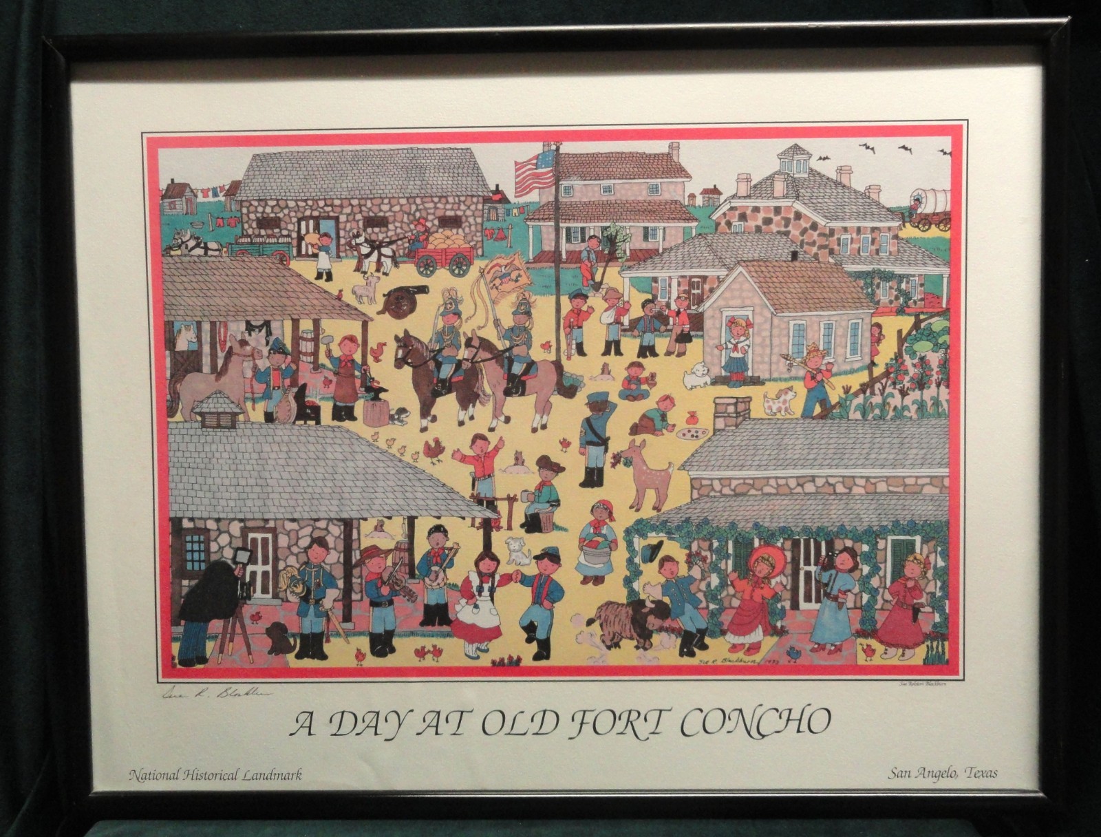 Rare 1983 A DAY AT OLD FORT CONCHO Sue R Blackburn Signed Print Framed Texas
