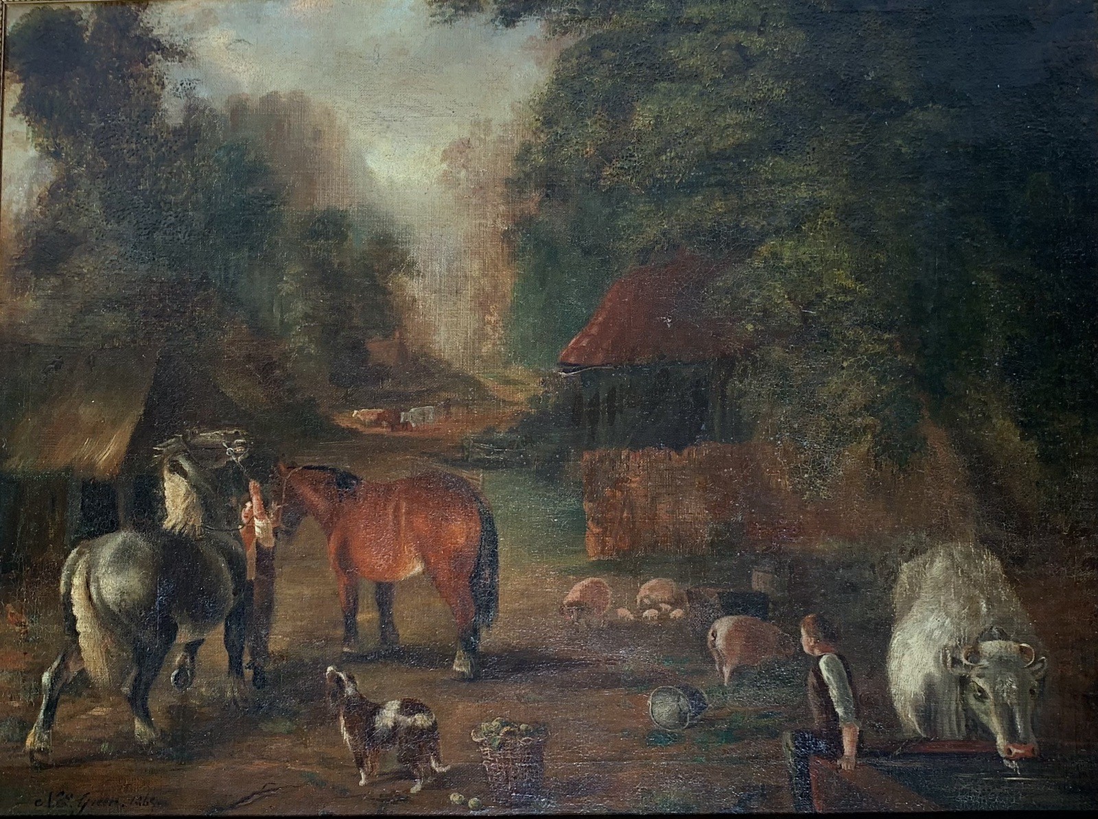 NATHANIEL EVERETT GREEN PAINTING ANIMALS PEOPLE FARM SIGNED ENGLISH 19th Century