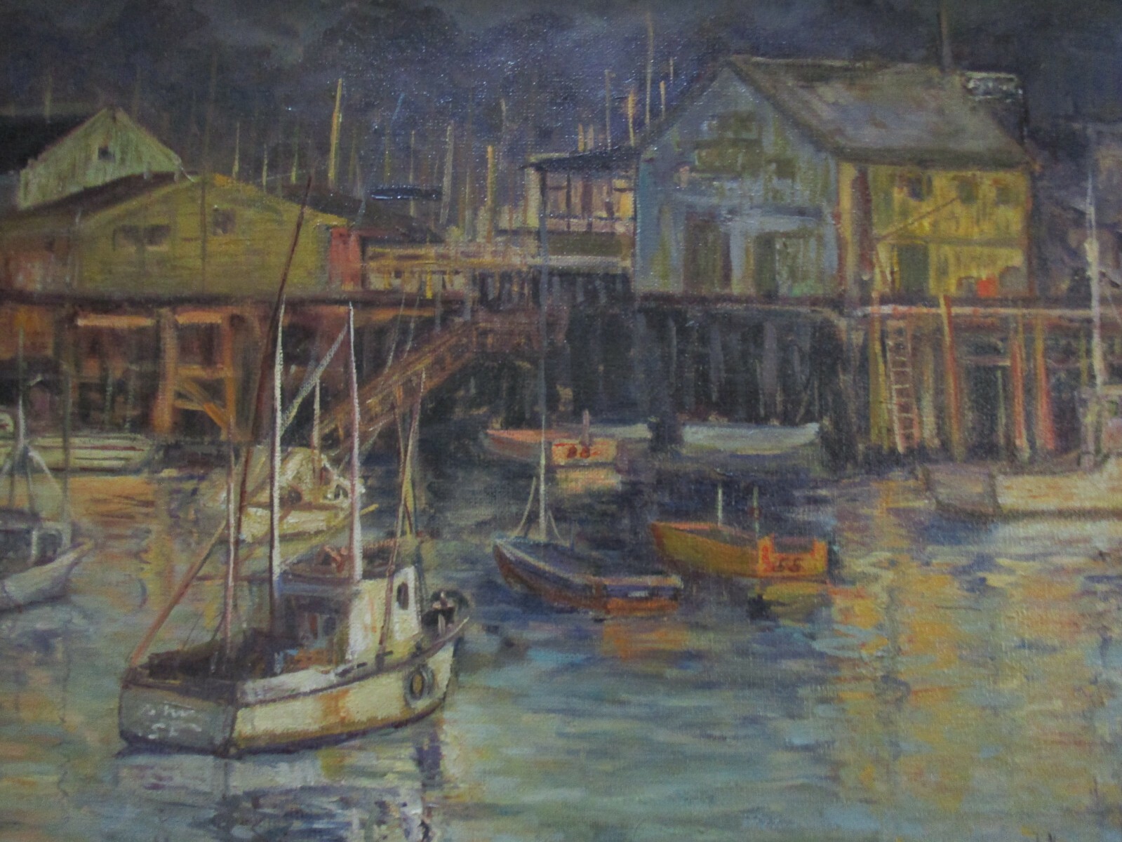 BEVERLY SIGNED PAINTING AMERICAN INDUSTRIAL COASTAL HARBOR MARINA FISHING PORT