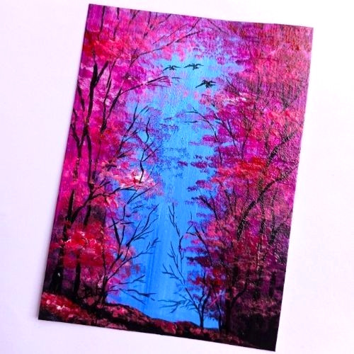 ACEO Original Landscape Nature Tree Waterfall Pop Art Acrylic Hand Painting NEW