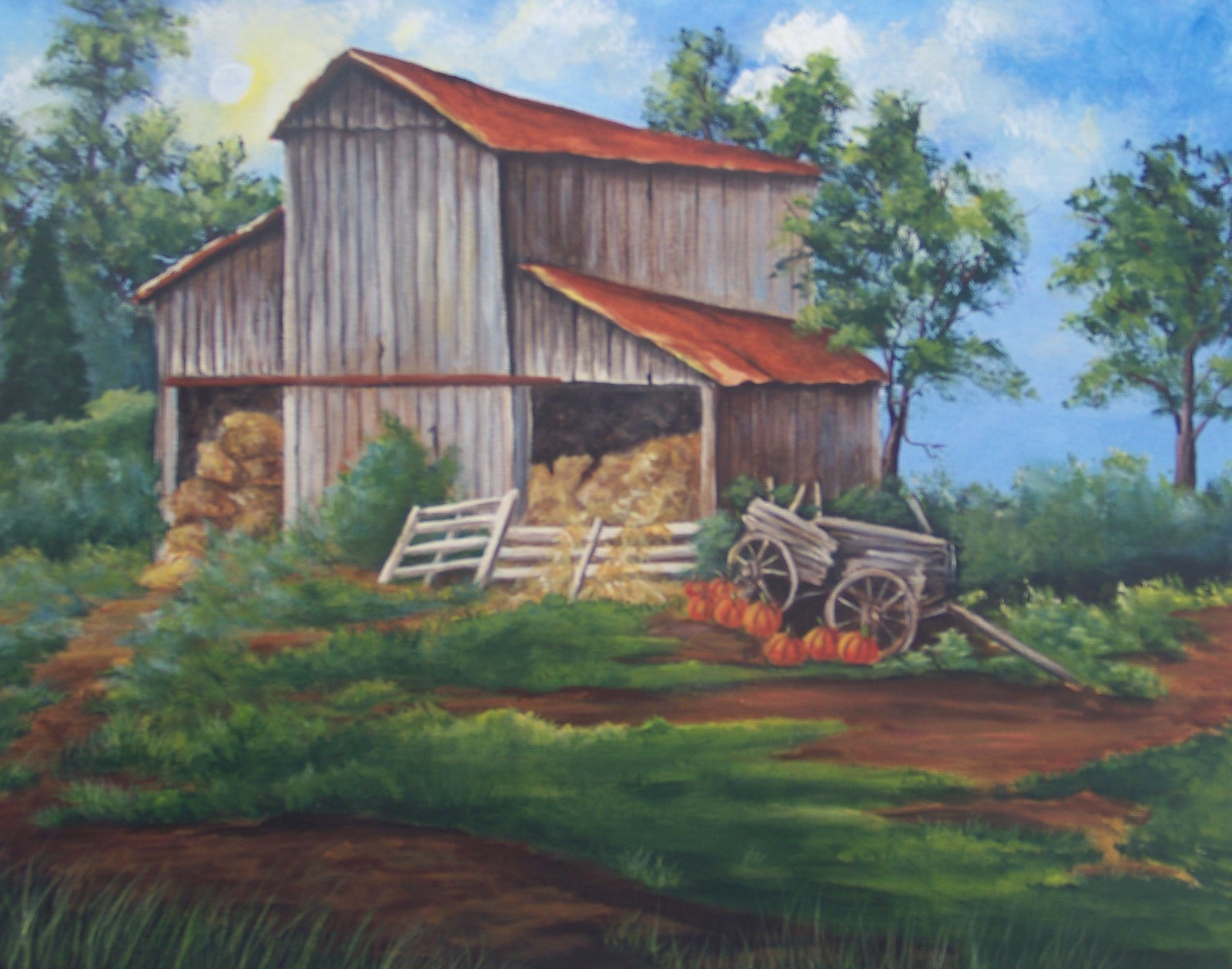 8×10 Barn with hay & pumpkins print on linen card stock