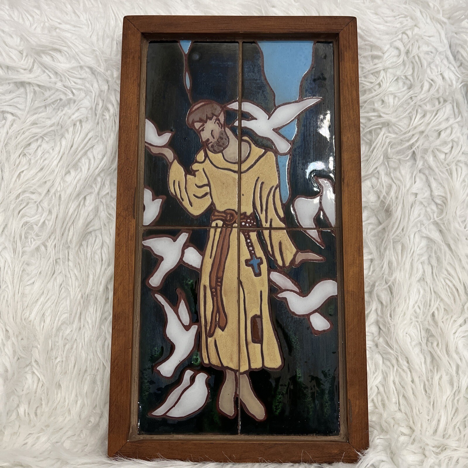 Hand Tile Painting Saint Francis With Doves. Custom Framed In Wood.