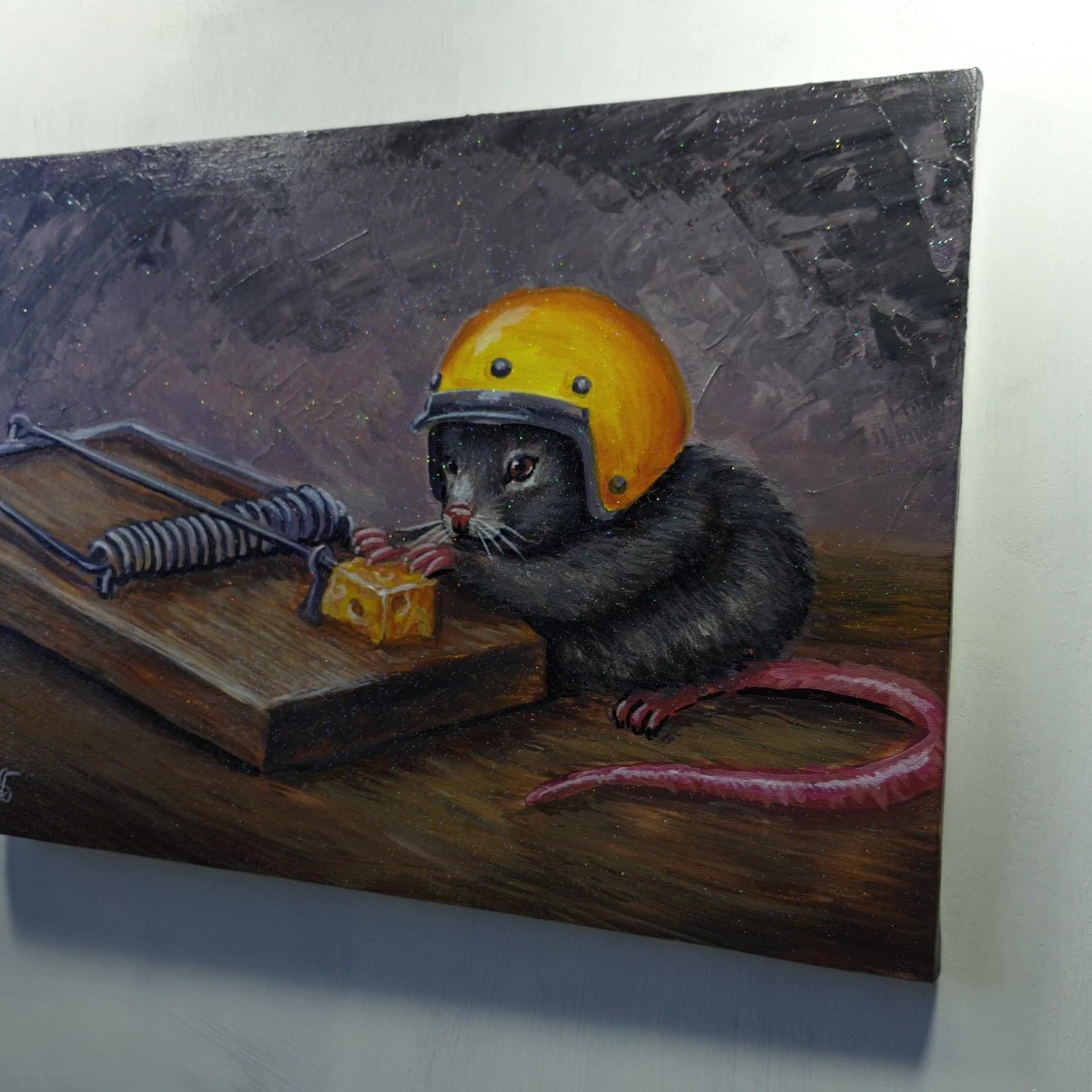 Original Acrylic Painting Mouse Yellow Helmet Cheese Trap Canvas Humor Wall Art