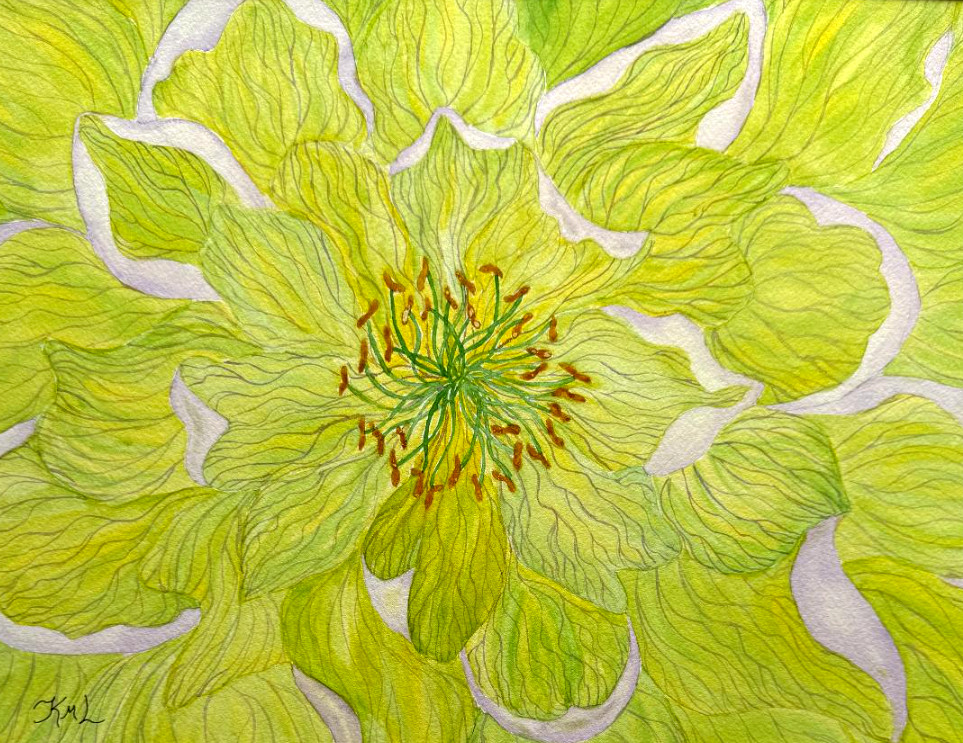 PAINTING WATERCOLOR ORIGINAL ART PEONY FLOWER GREEN YELLOW 11X14 AND MAT 16X20