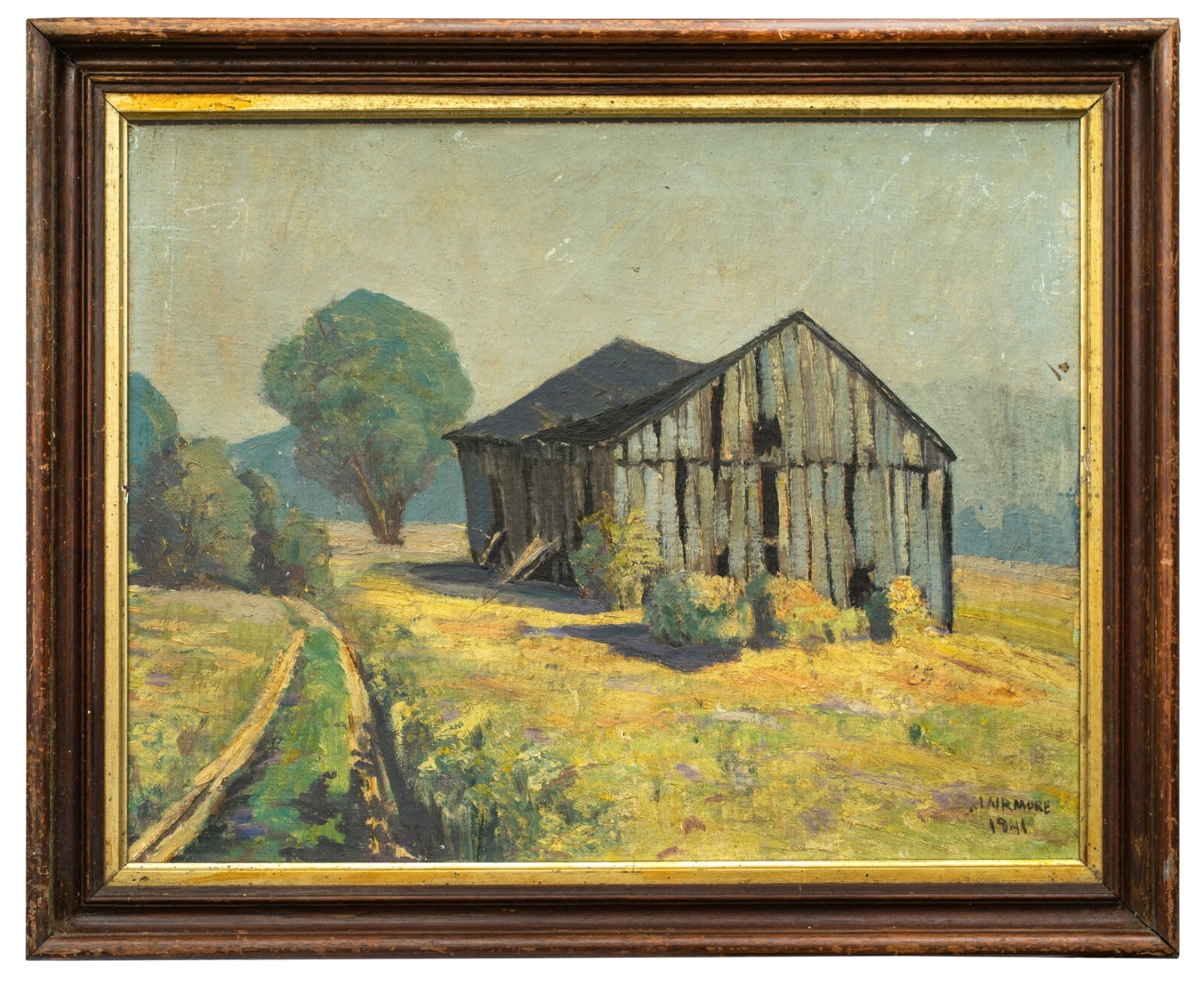 Oklahoma Landscape with Derelict Barn, Oil on Board, 1941, Signed Illegibly