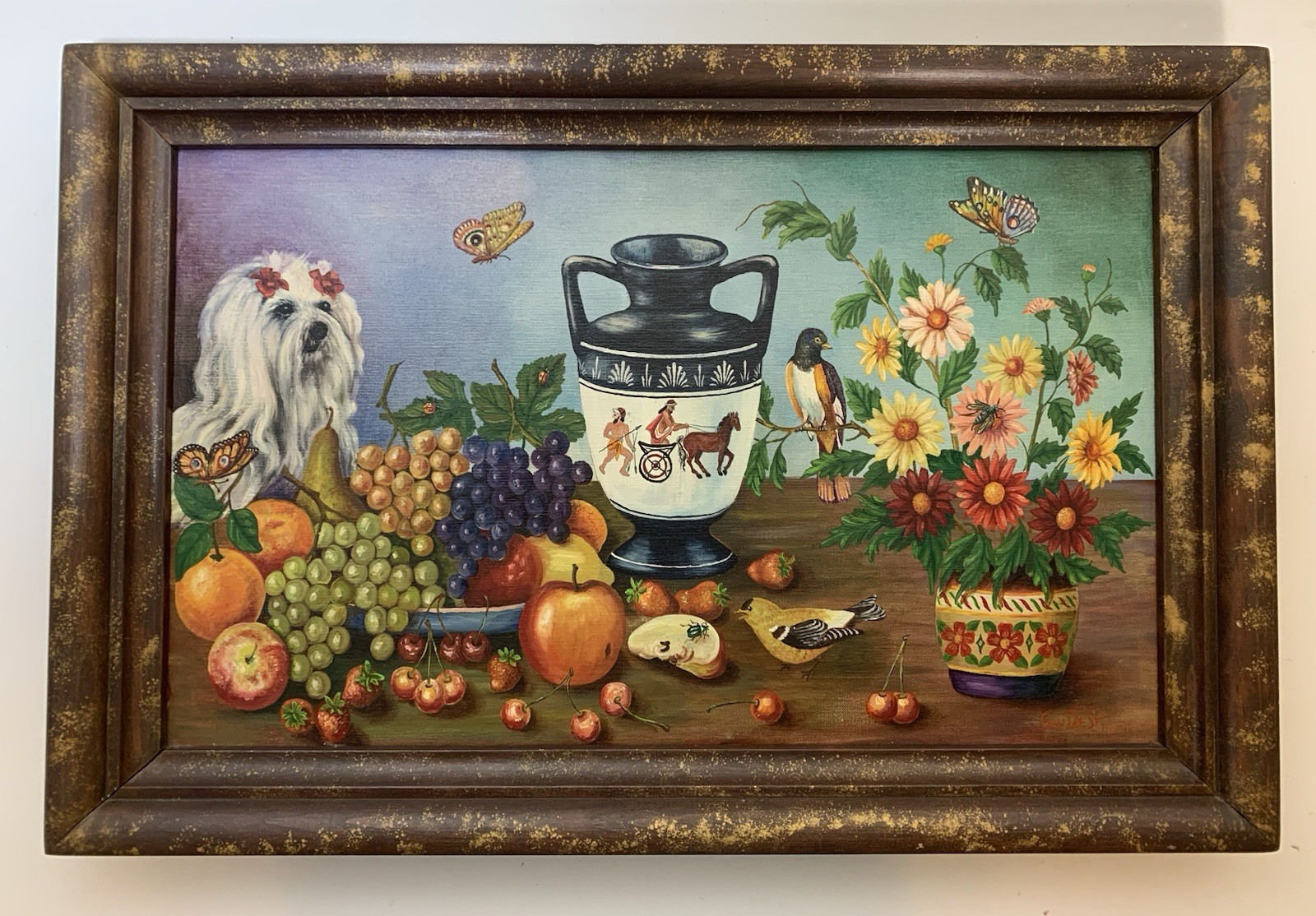 Vintage Abundance Fantasy Animal Birds Dog Fruit Flowers Still Life Oil Painting