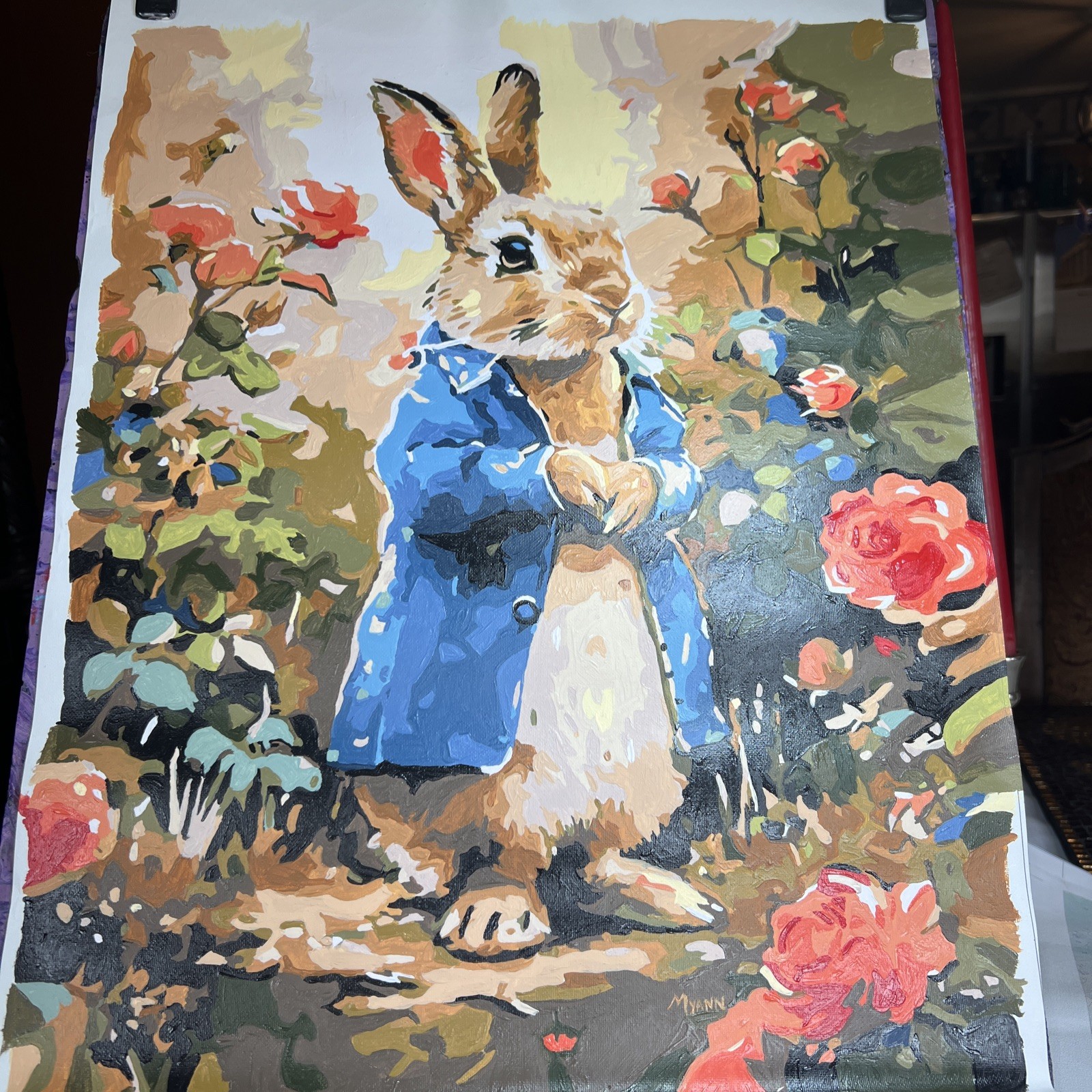 Easter rabbit paint-by-number hand painted completed 16×20 unframed art canvas