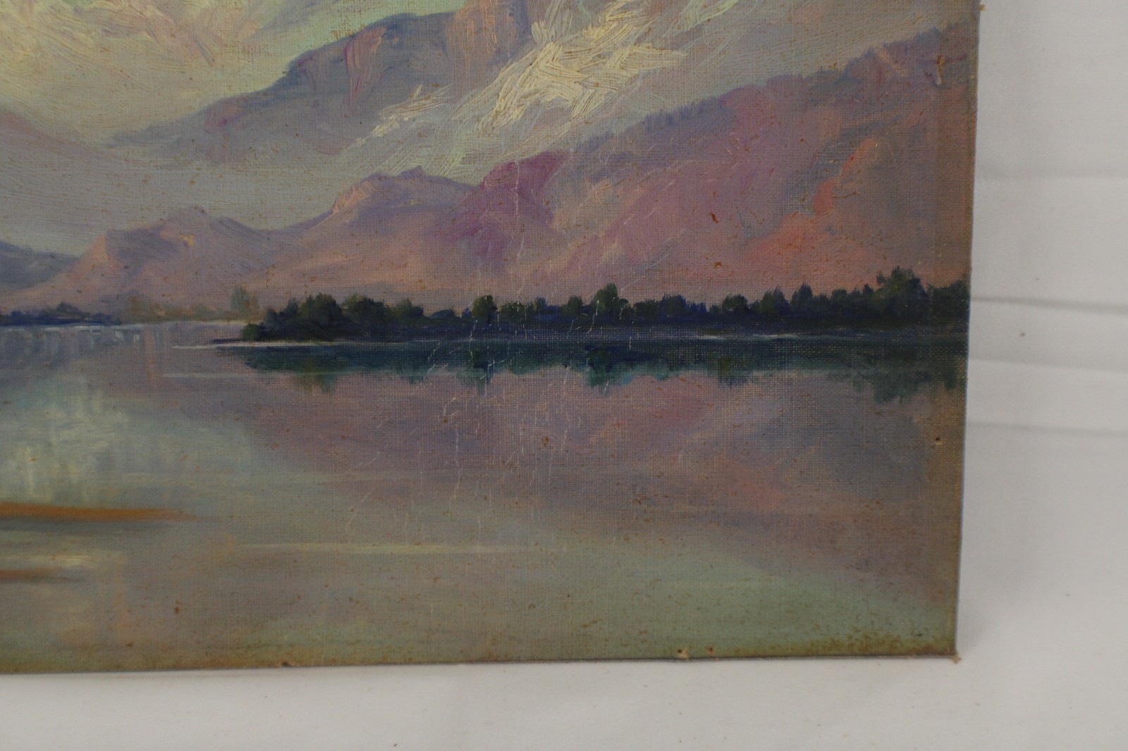 Antique Gem Snow Capped Mountain Lake Small Landscape Oil Painting Unsigned