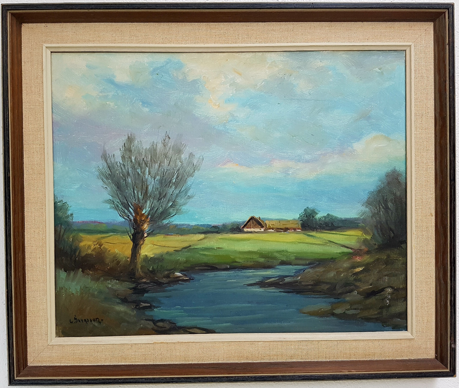 Antique Oil Painting Artwork Framed Landscape Forest River Village Field