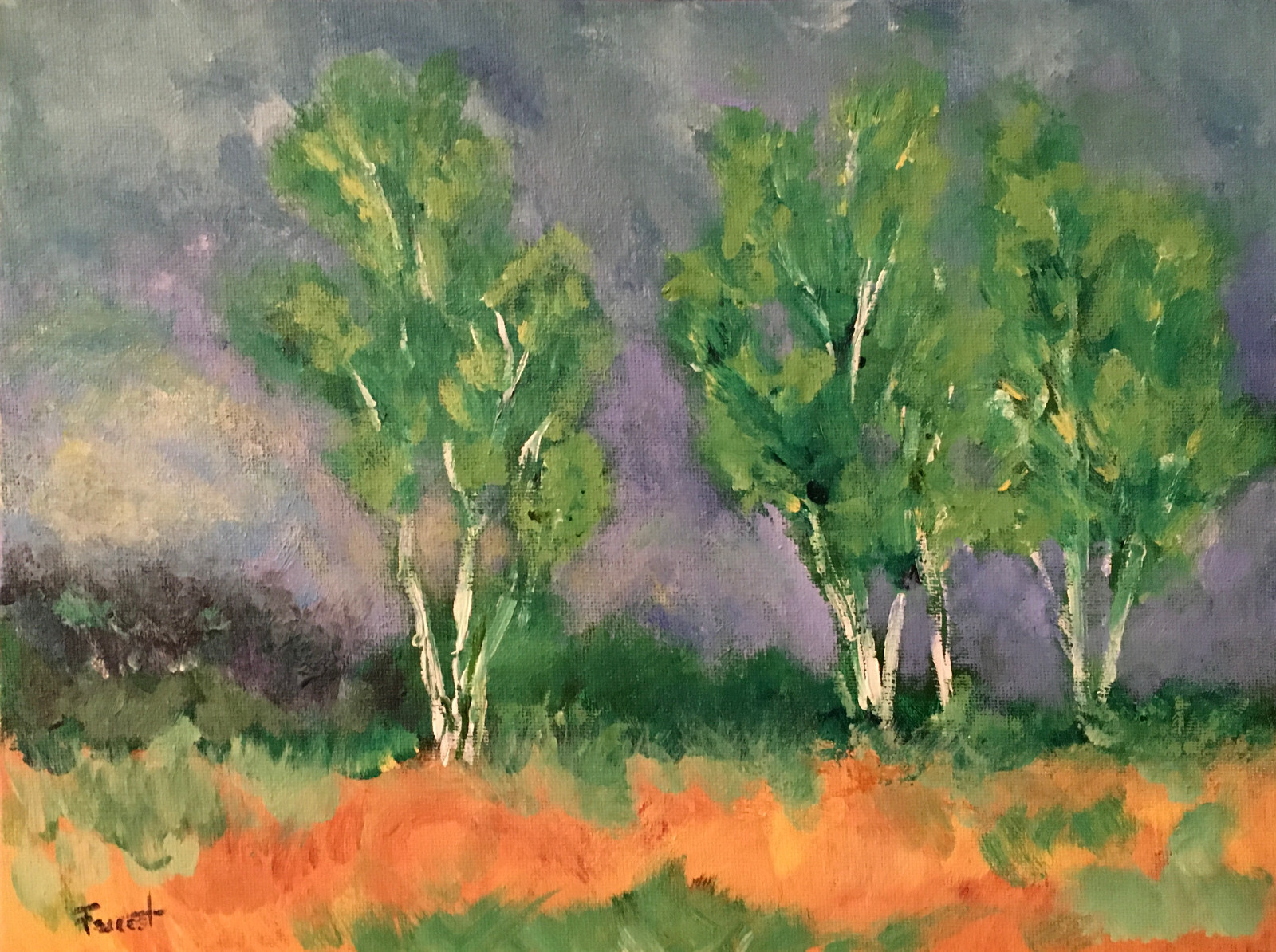 Valley Birches Stormy Afternoon Original Framed 9×12 Acrylic Landscape Painting