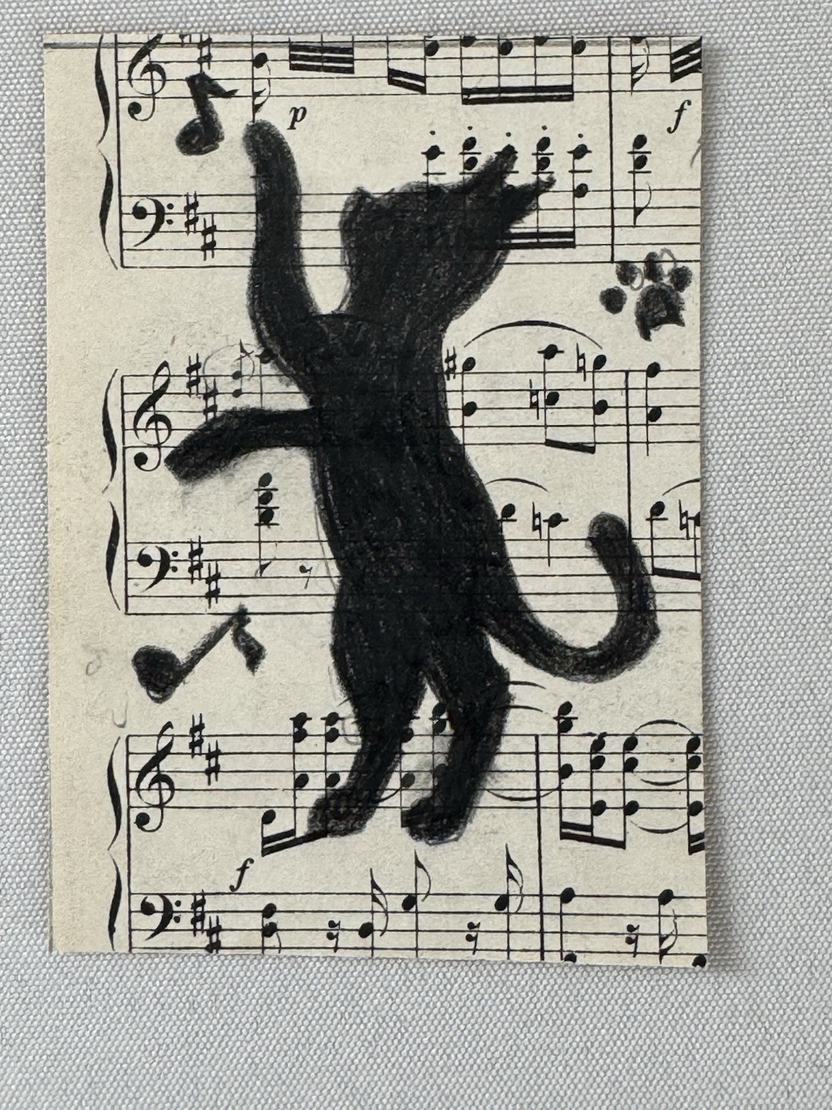 Aceo Original Art Trading Card, Black Cat With Piano Music, Art By Sommer Rayn