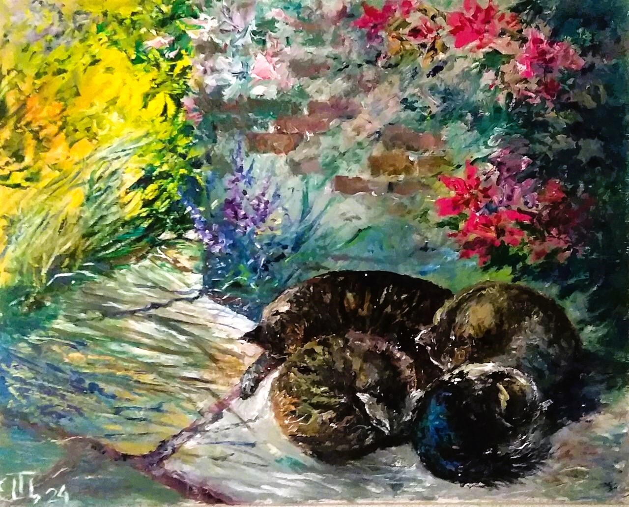Painting «Sleeping cats». Oil on cardboard. 8x10inc. Handmade. 2024. Unframed.