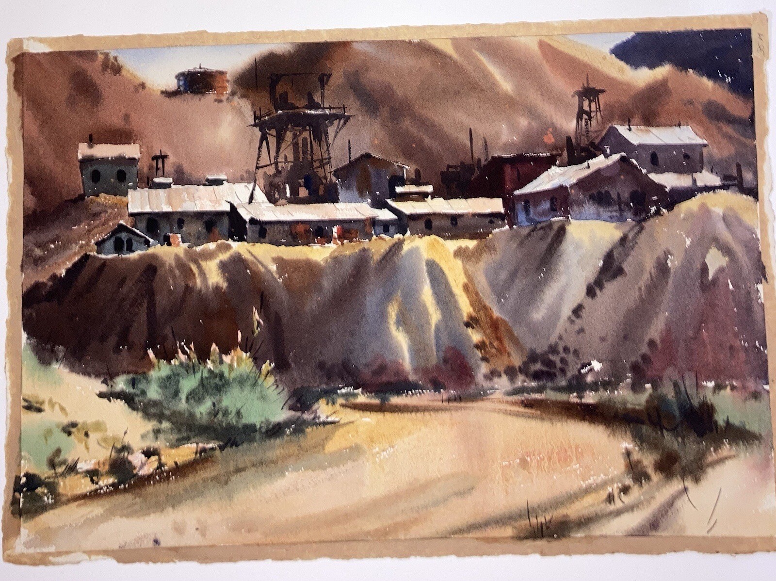 Original 2Sided Vintage Watercolors by R.G. Smith~1950s Calif.Desert/Mining Town