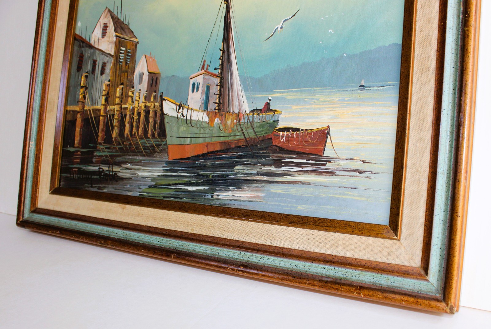 MARY BOTTO 1913-2002 VINTAGE OIL PAINTING CARDBOARD SIGNED HARBOR BOAT PORT PIER