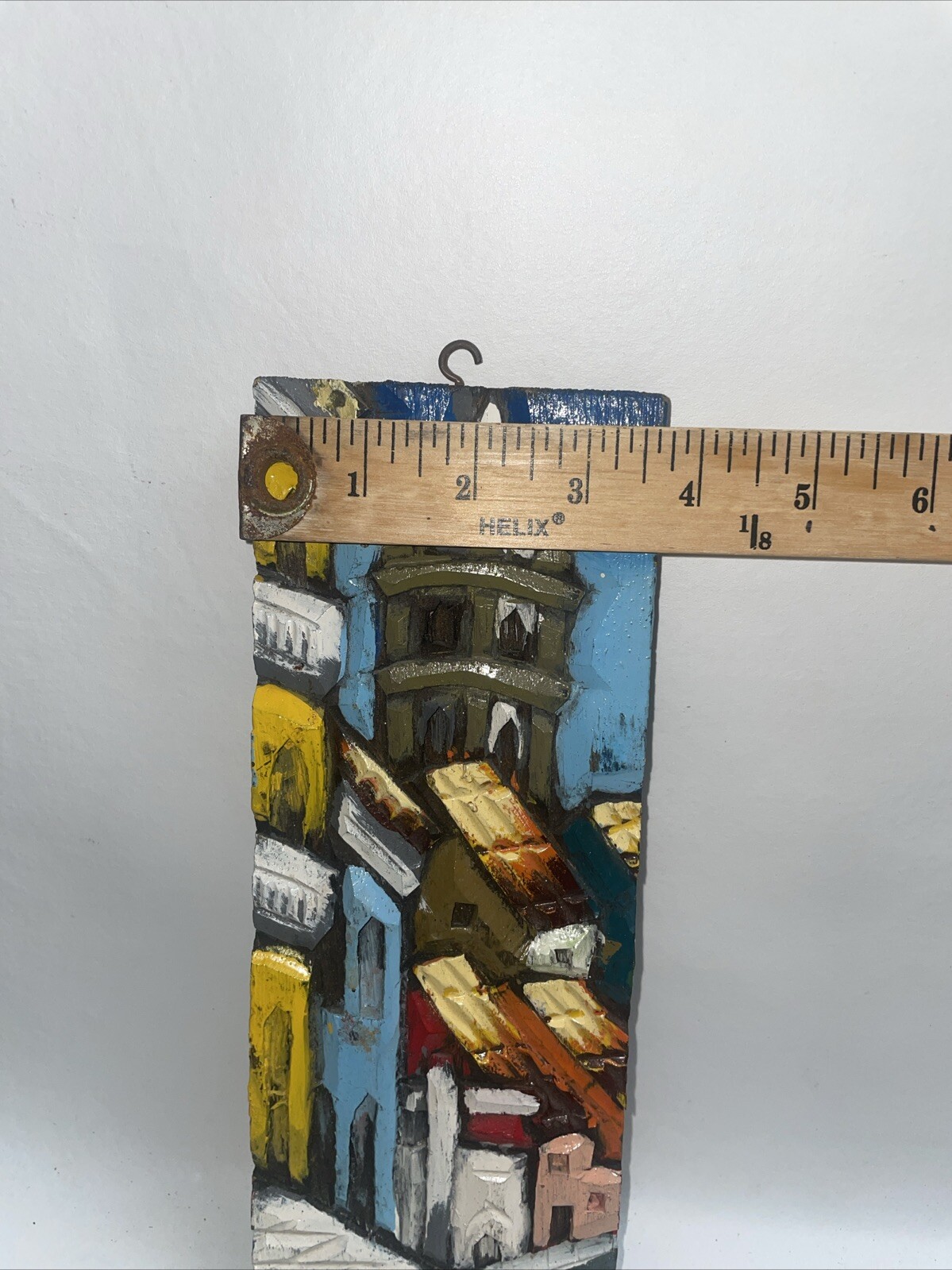 Rustic Painting Representing Houses With Perfect Carving And Polychromy 10×3.75”