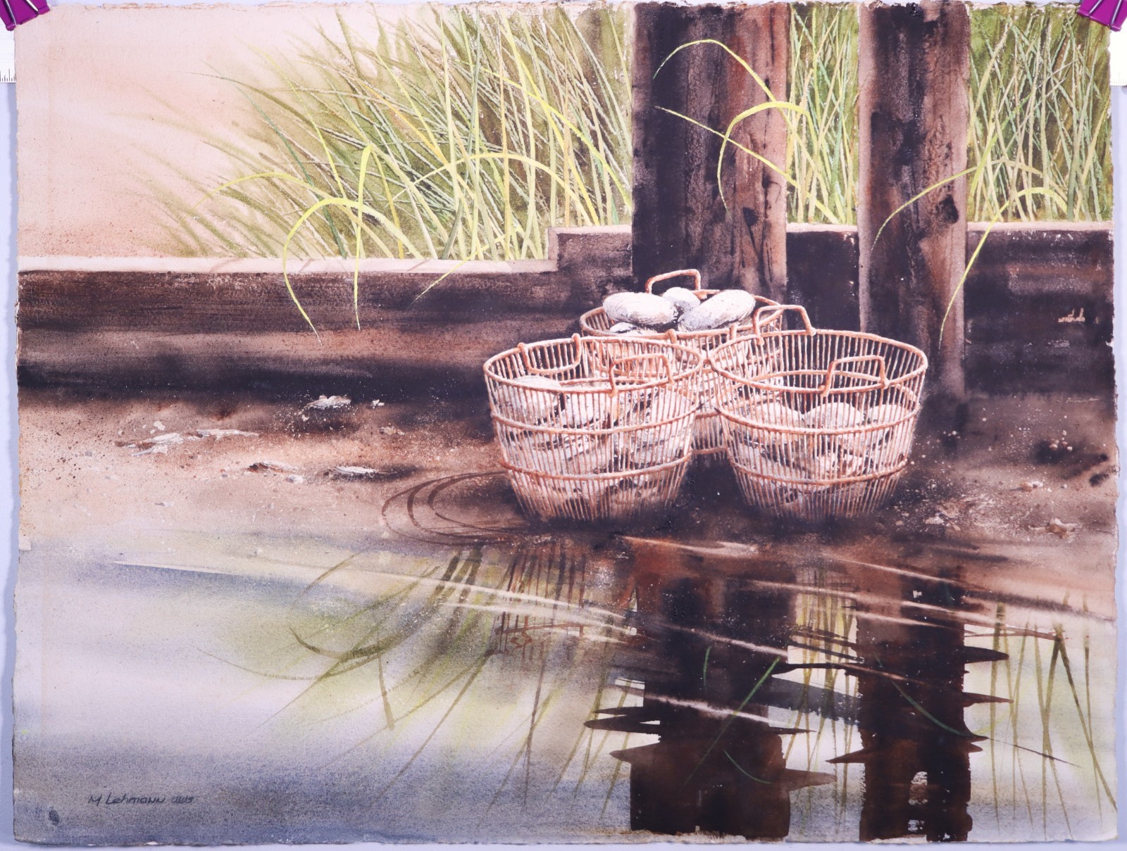 ORIGINAL M. Lehmann Watercolor Painting «Baskets by the Ocean» Listed
