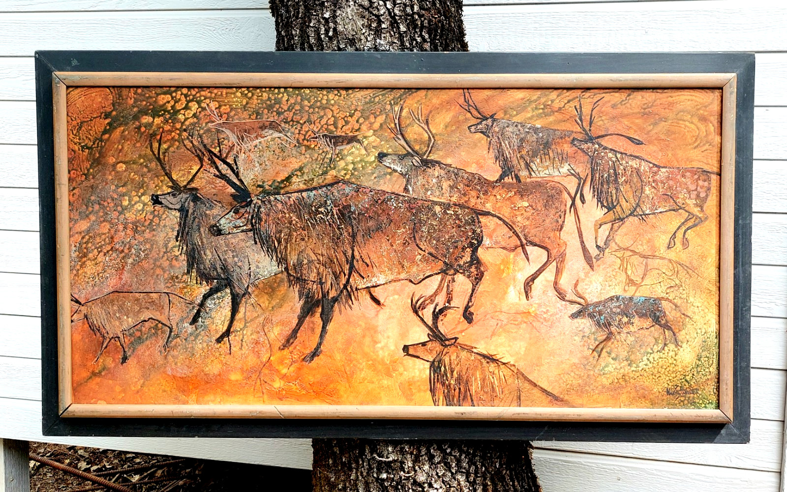 Nan S (Street) Fowler Oil on Board Paleolithic Elk 1966 52 3/4″ x 28 3/4″