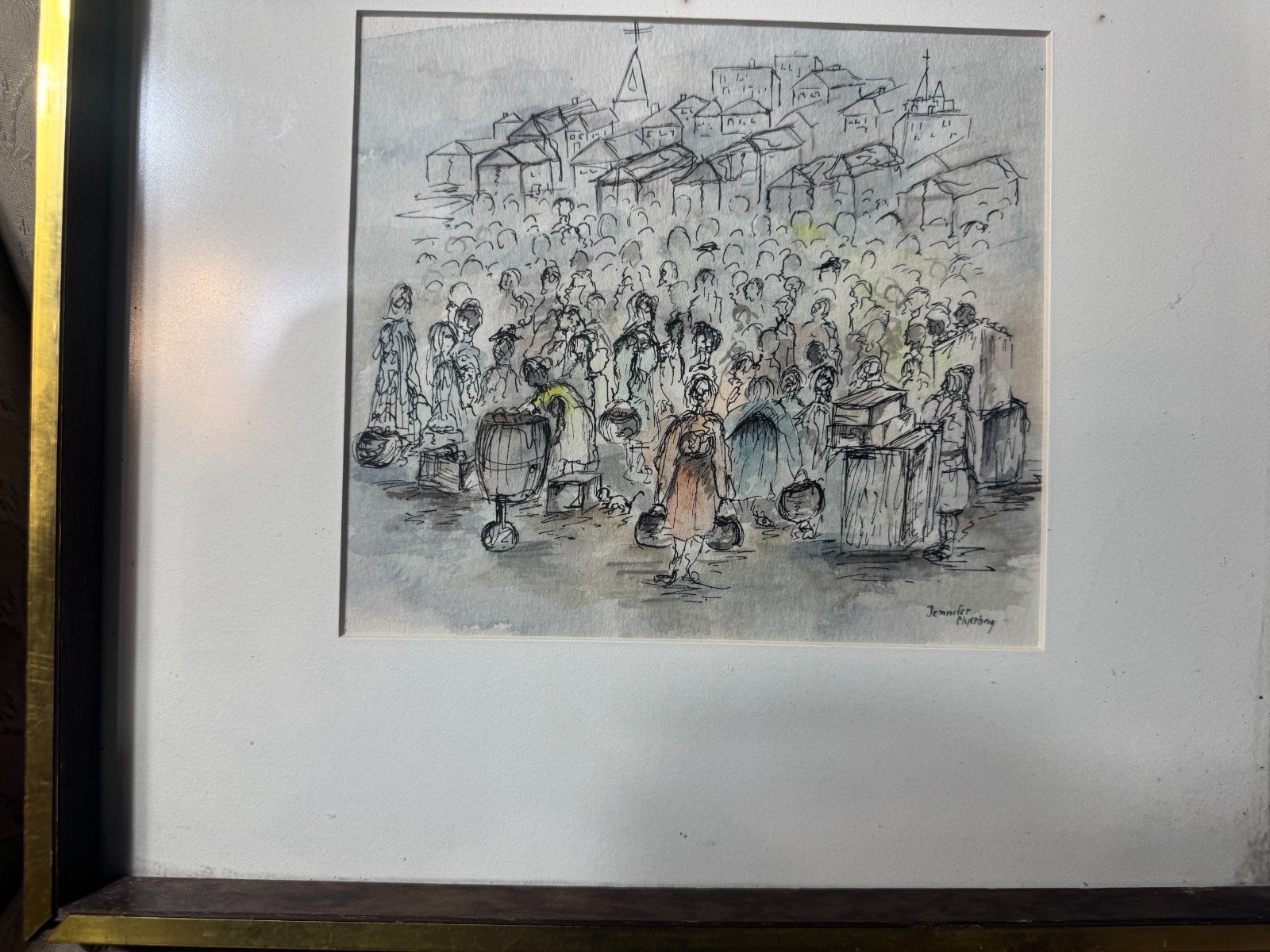 Jennifer Myerberg «Many Figures Scene» Pen, Ink And Watercolor Painting – Framed
