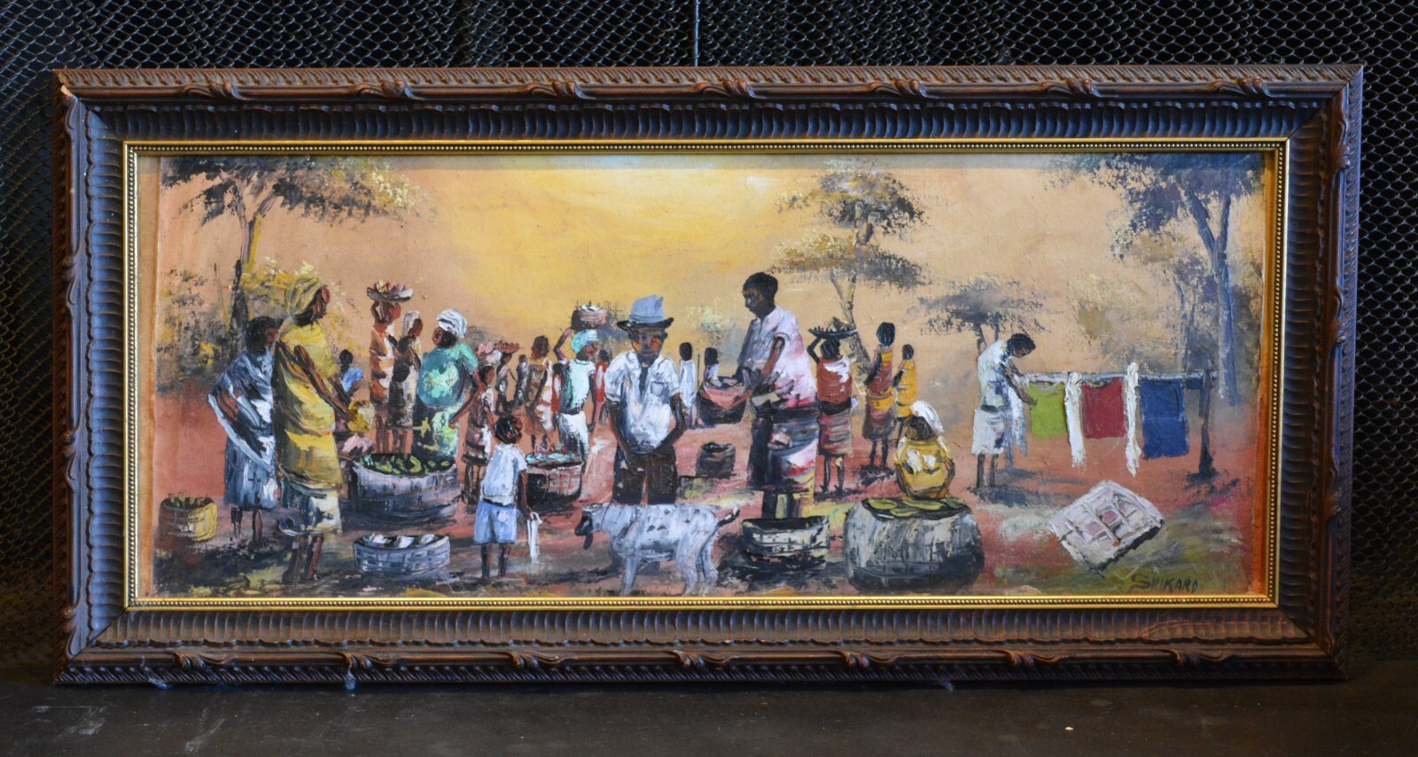 Shikard – Vintage Caribbean Island Oil Painting Framed – Village Market Day