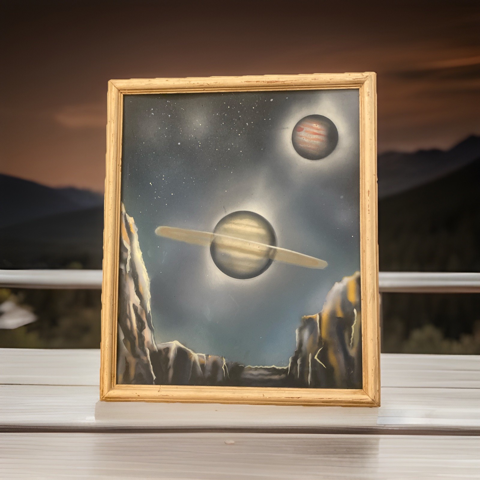 Original Vntg 1960’s Airbrushed Space Cosmic Planet Painting 18.5” X 15.5”