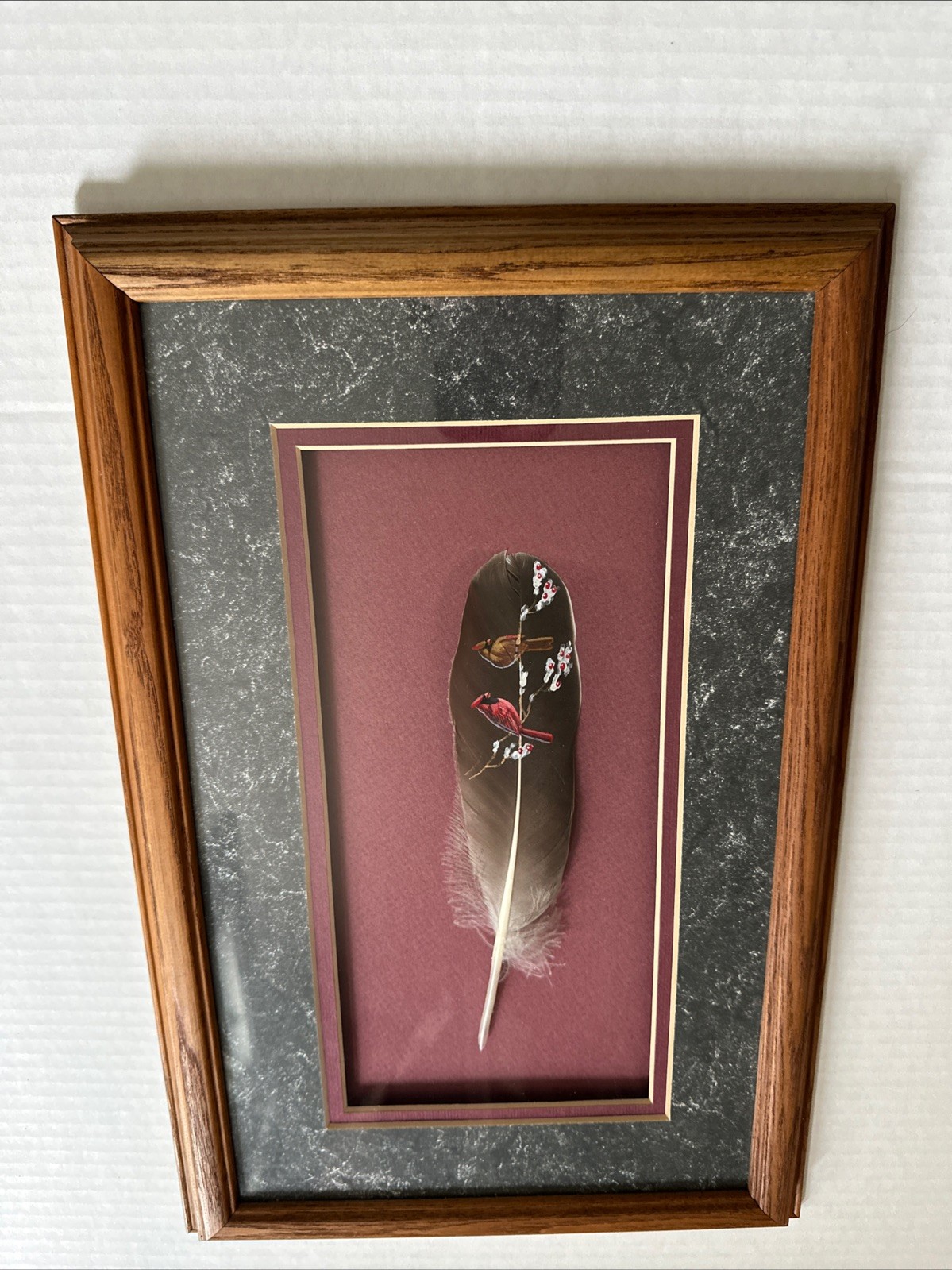 Hand Painted Cardinal on Feather Professionally Framed Original Folk Wall Art
