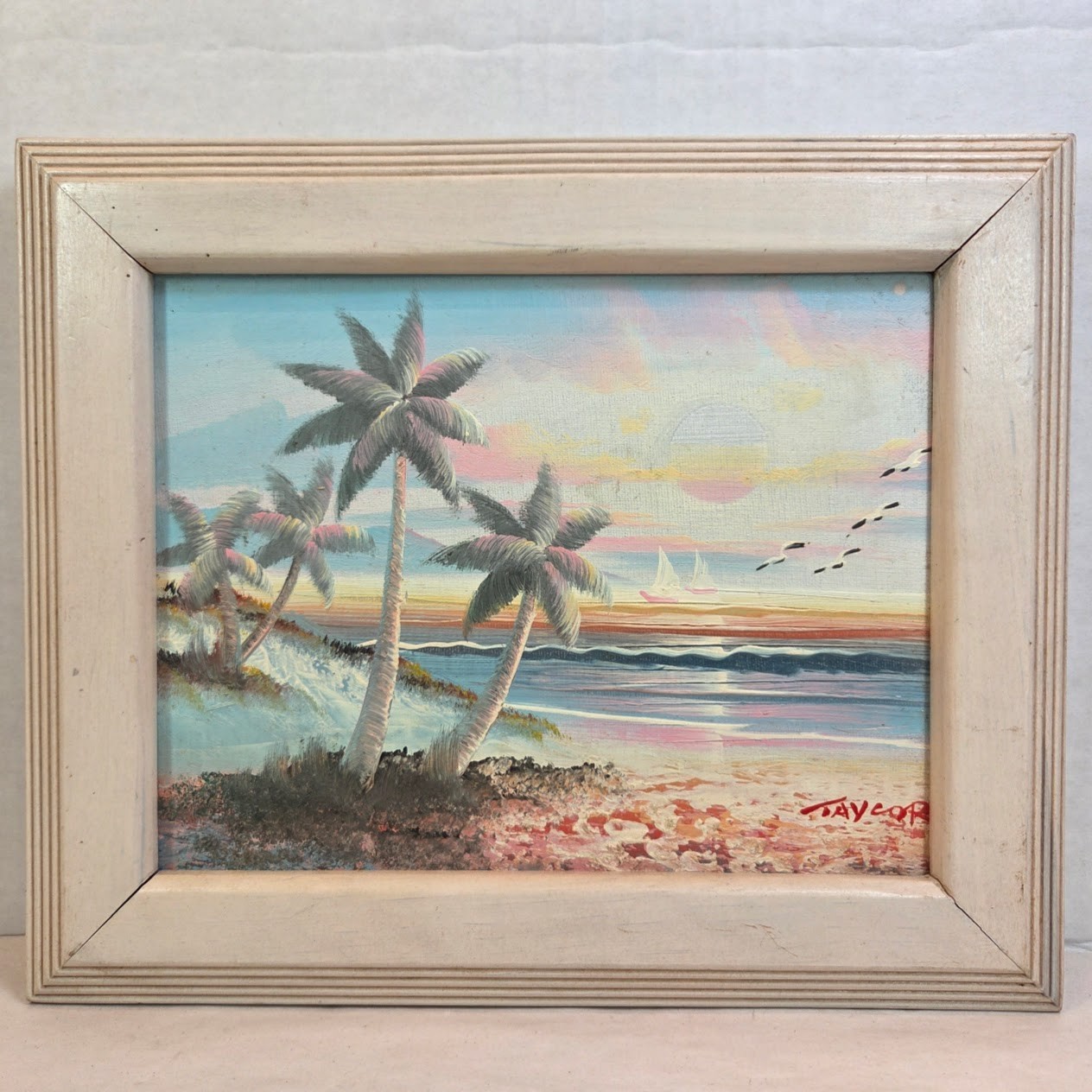 Taylor Signed Beach Tropical Island Palm Ocean Painting Wooden Frame 12×10