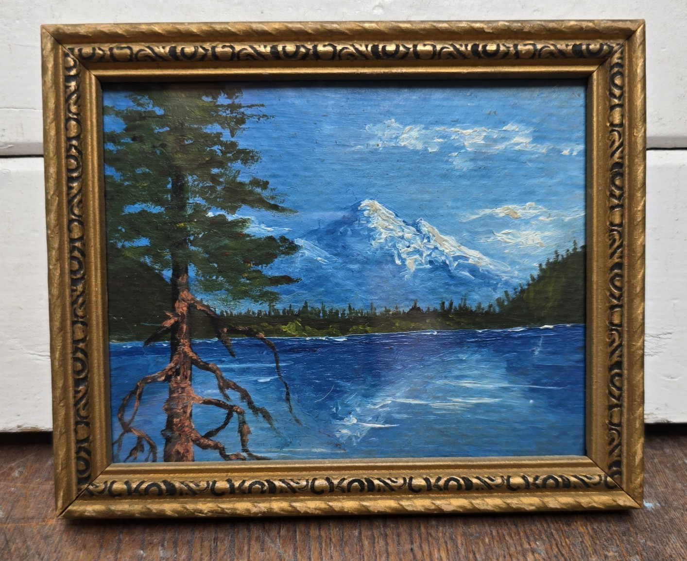 Vintage Mountain Lake Landscape Original Painting Art Deco Wood Frame 5″ x 4″
