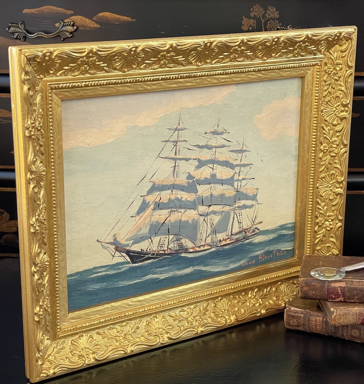 Antique Artist Signed Clipper Ship Maritime Seascape Oil Painting American c1925