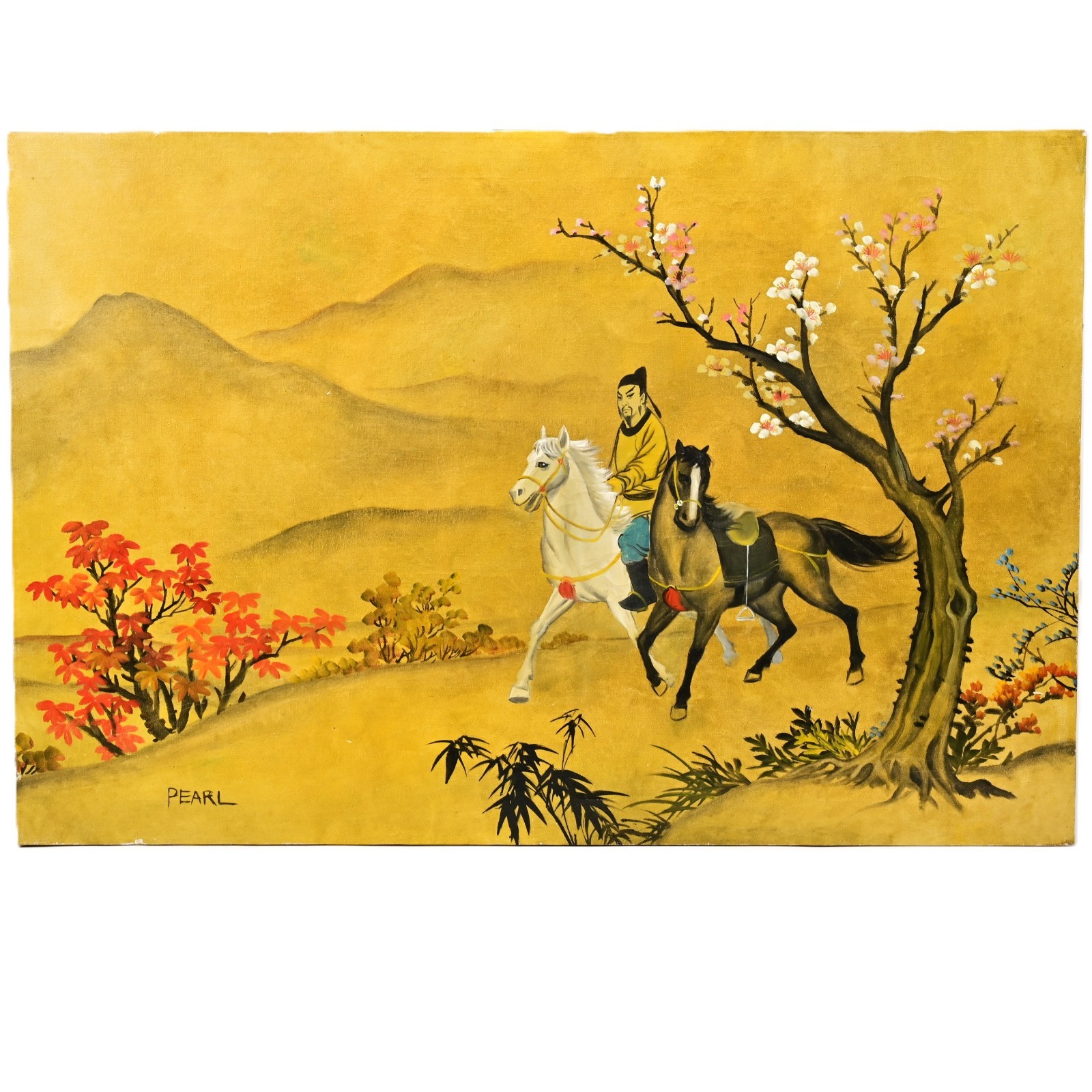 PEARL Original Vintage Signed Chinese Feng Shui Figure Horse Landscape Painting
