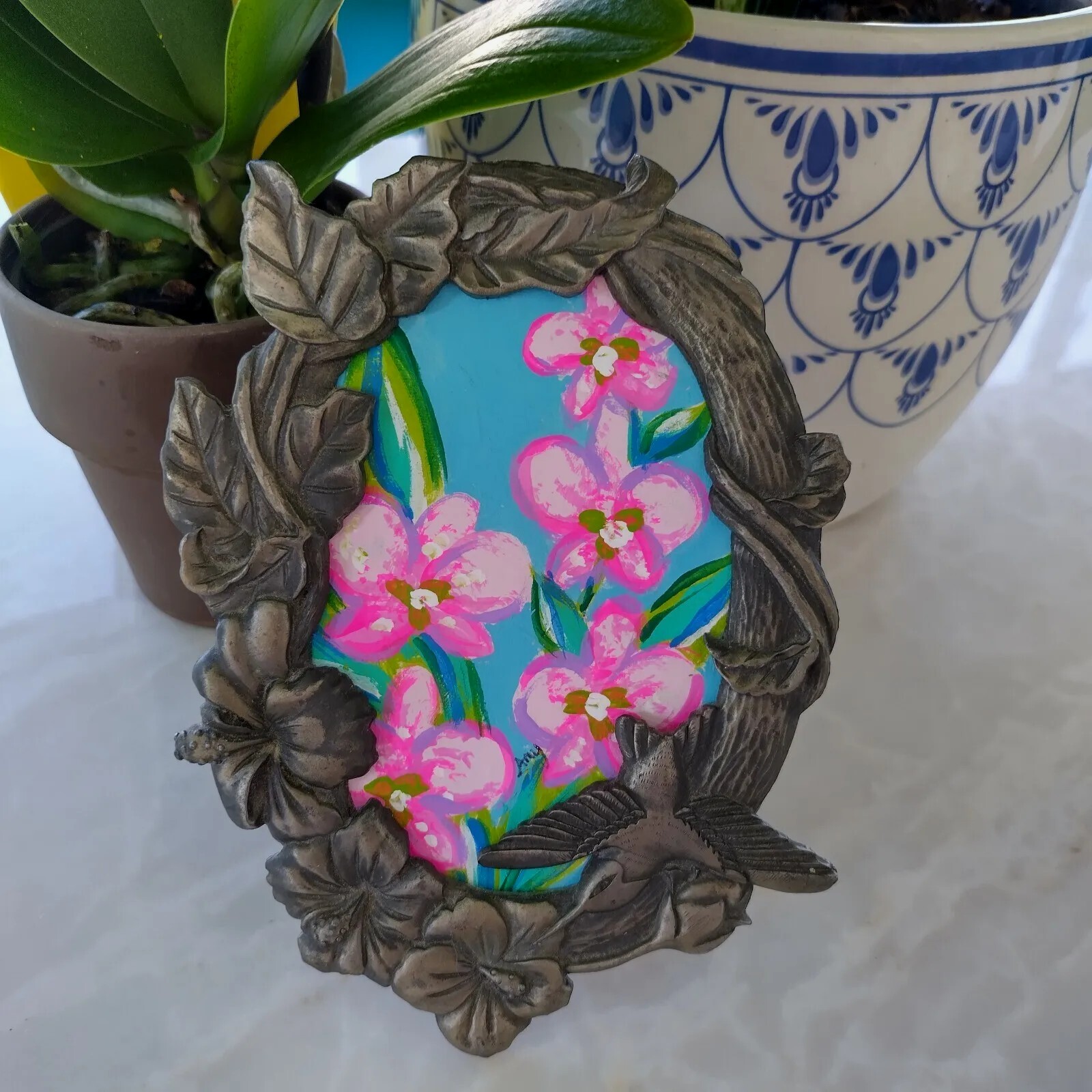 4 X 6 vintage Oval Pewter Floral Framed Bright Tropical Floral Painting FLX