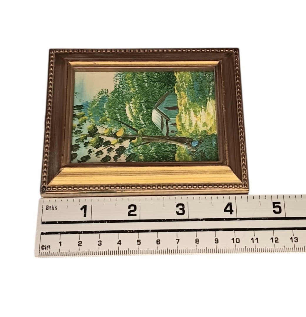 VTG Miniature Painting Barn Path & Trees In Gold Plastic Frame Blue Green Yellow