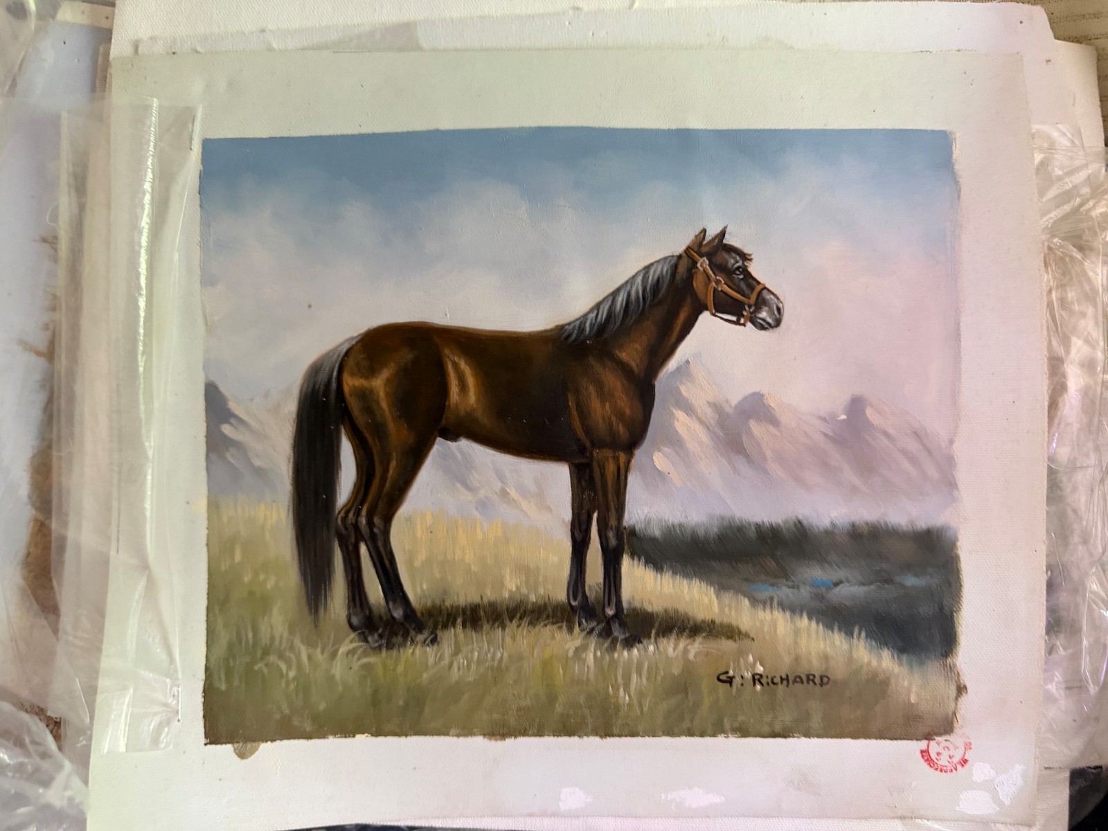 Vintage Horse Equestrian Portrait Mountain Scenic Decorative Oil Painting Art