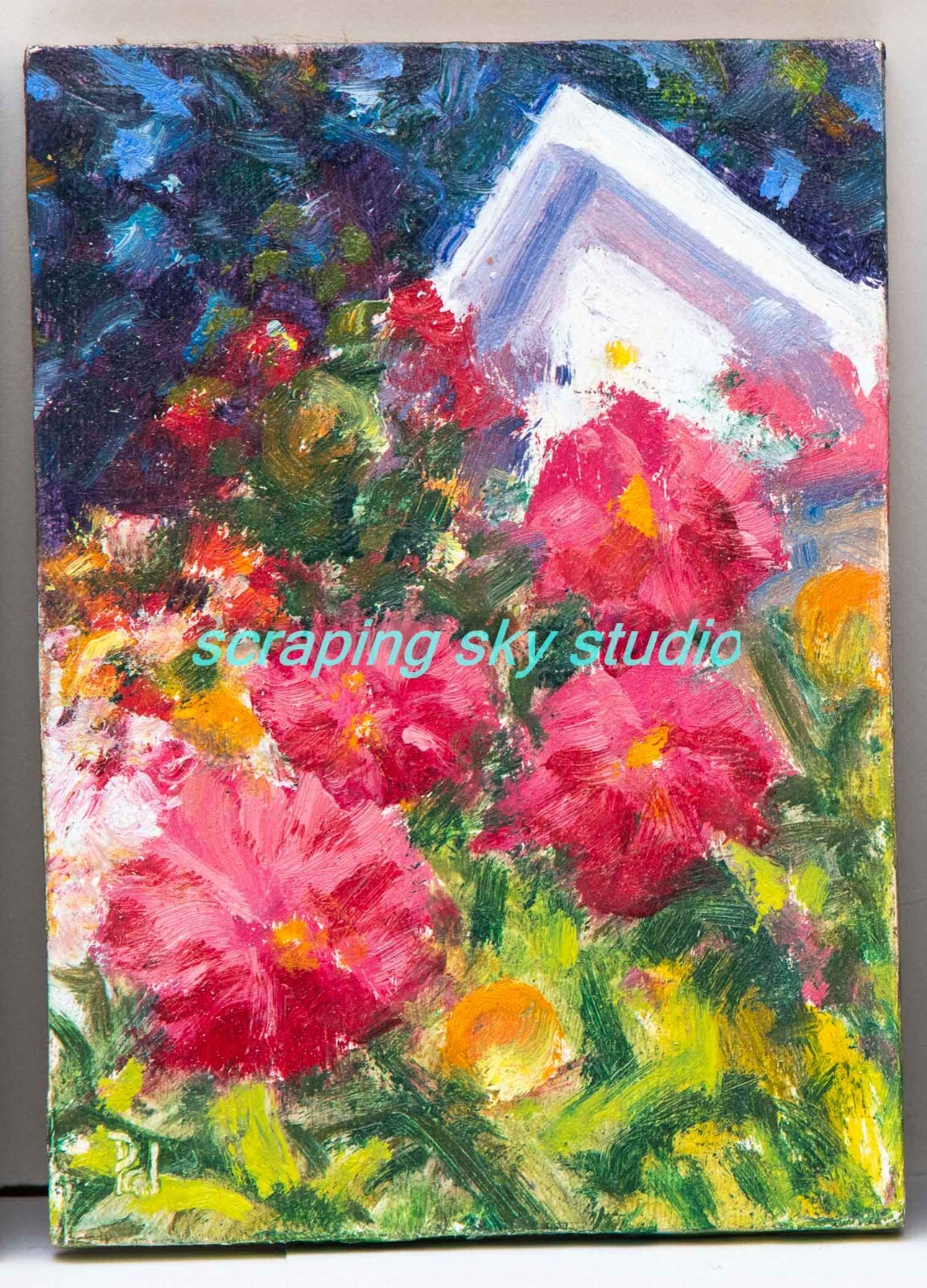 Mini Painting «Zinnia Garden» Oil on wood panel 2.5×3.5×3/16 inches vertical