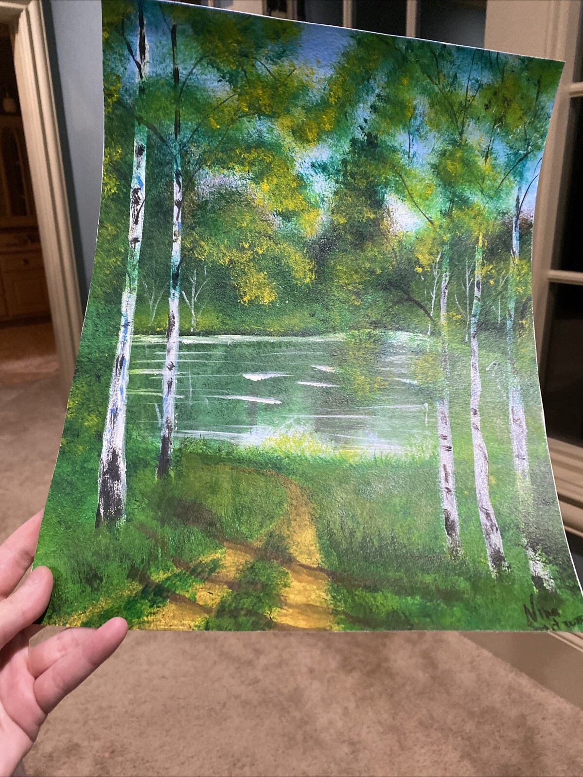 Birch Forest And River,landscape Abstract Acrylic Painting On Paper 10,5/13,5
