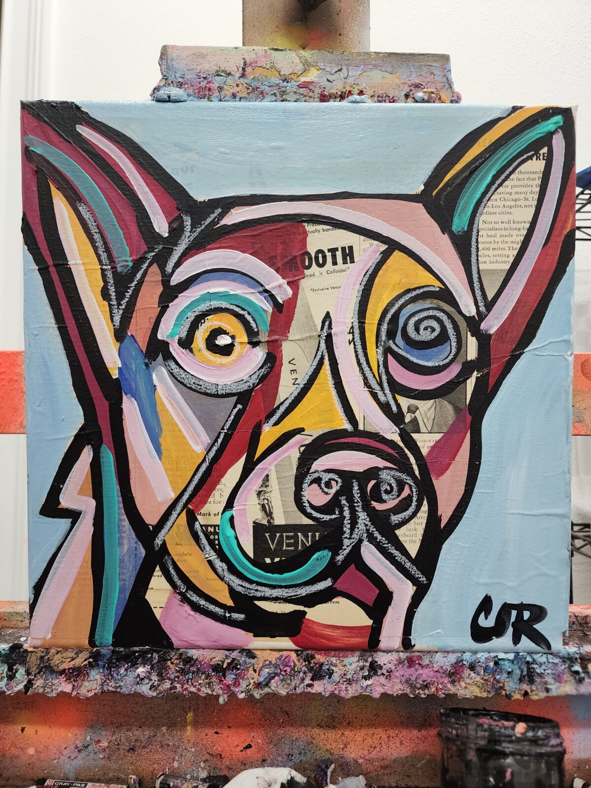 CORBELLIC EXPRESSIONISM 12X12 PET DOG RETRO MIXED MEDIA COLORFUL ART PAINTING